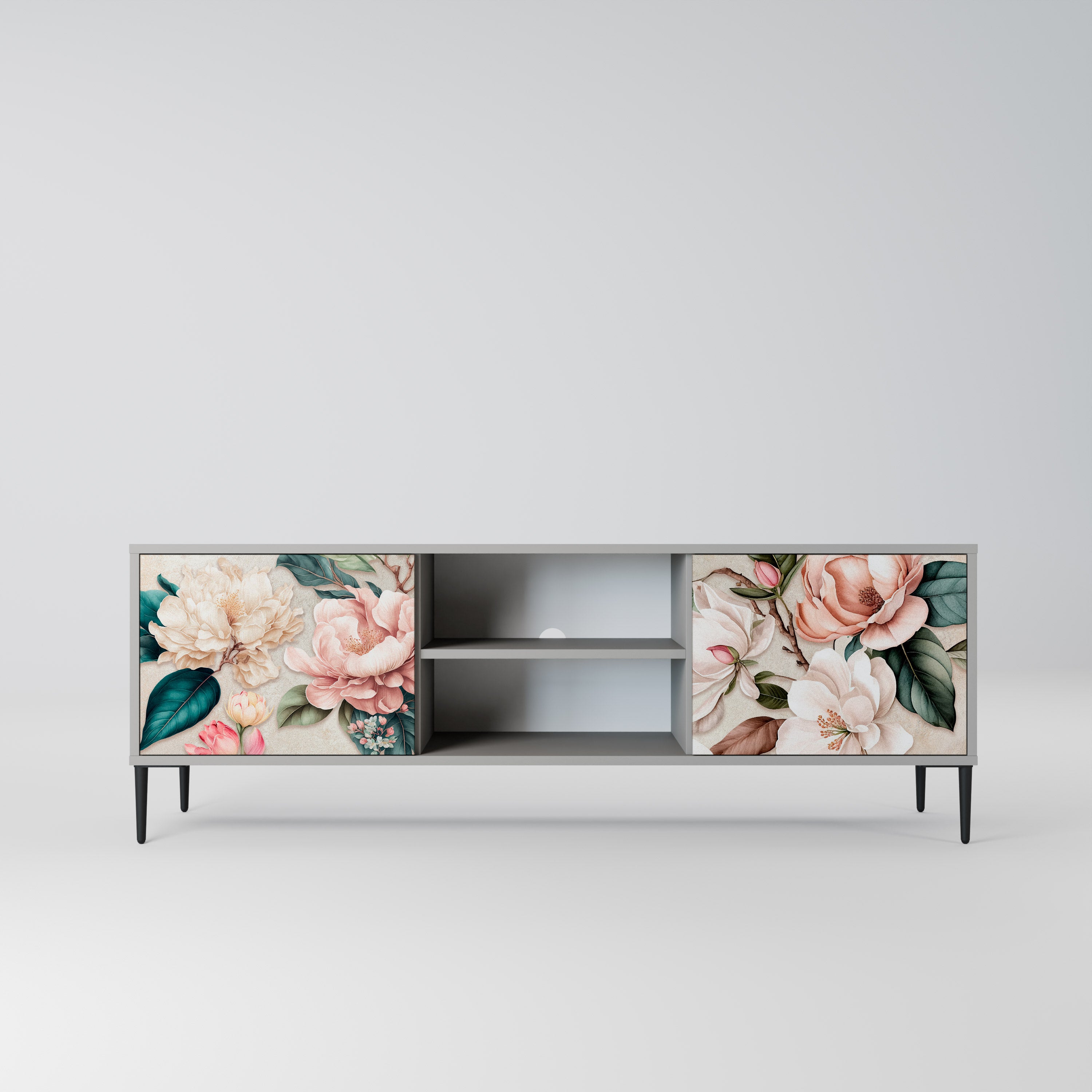 Βάση τηλεόρασης FLORAL GRACE με 2 πόρτες σε γκρι φινίρισμα