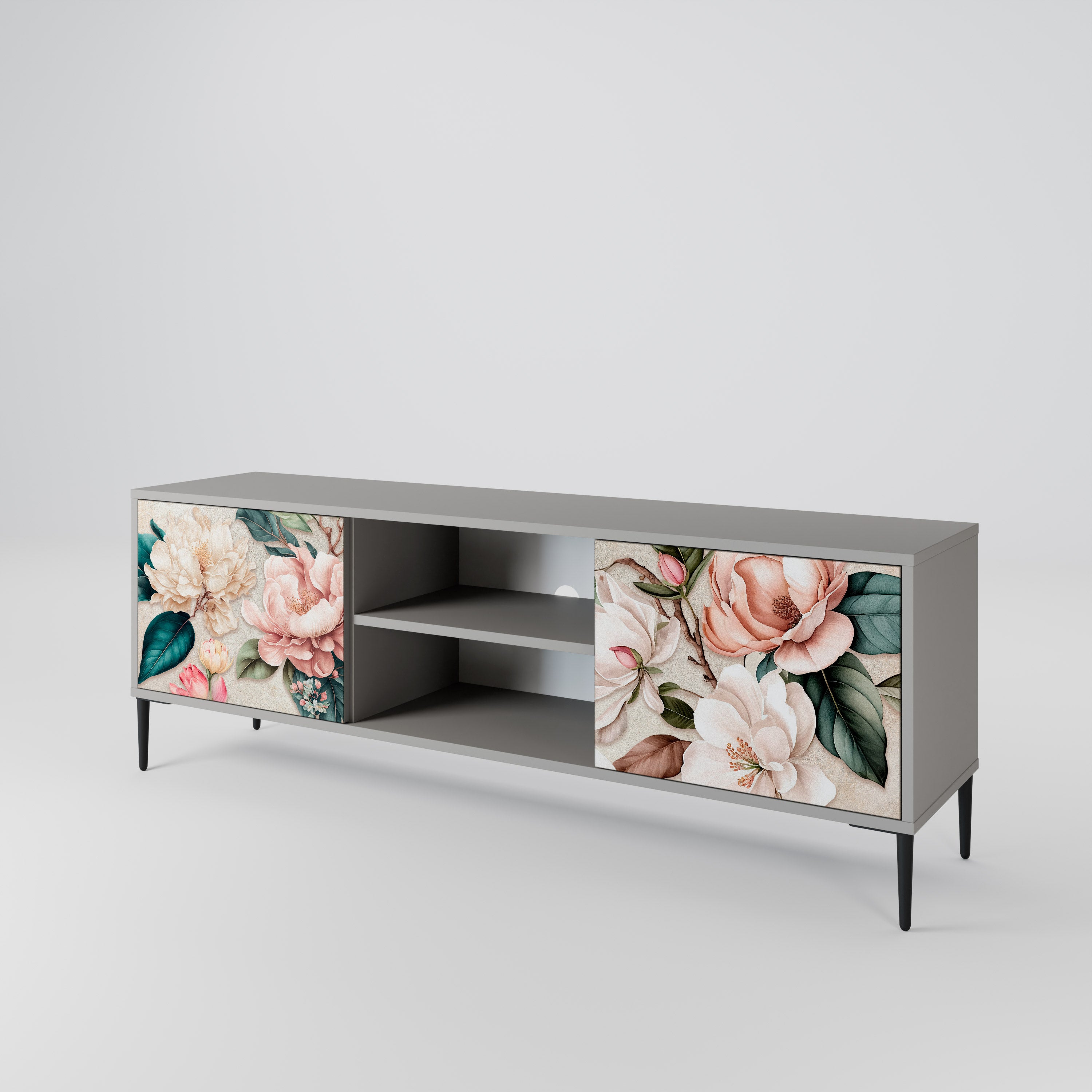 Βάση τηλεόρασης FLORAL GRACE με 2 πόρτες σε γκρι φινίρισμα