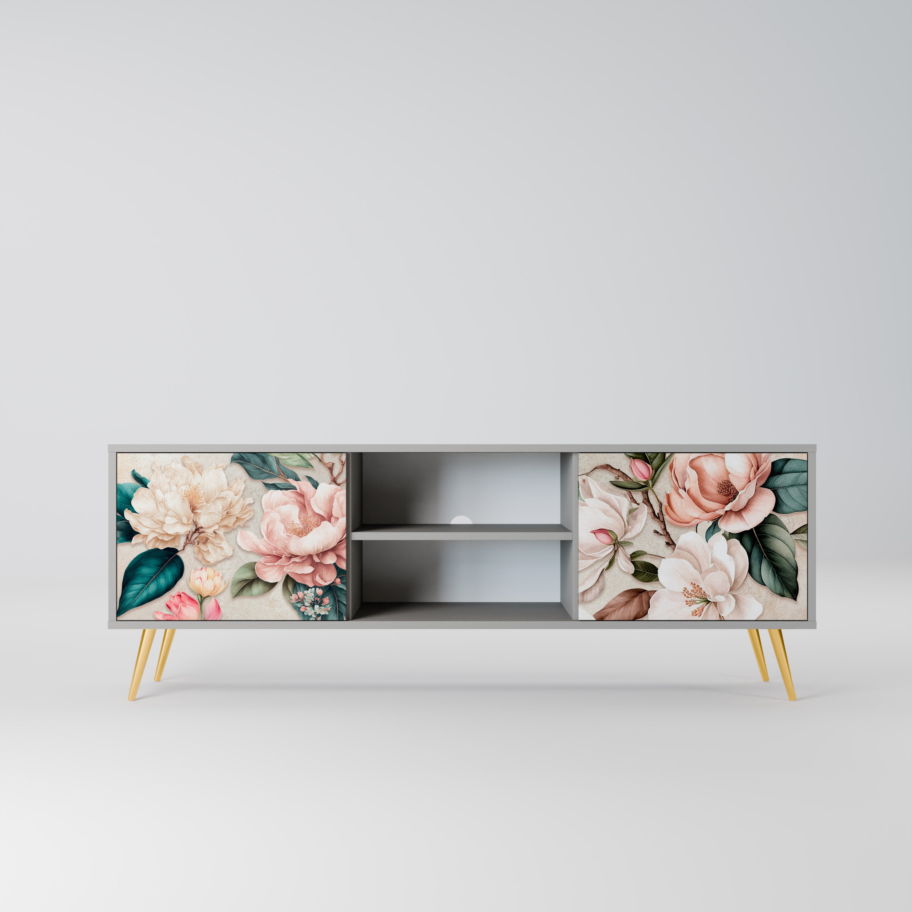 Βάση τηλεόρασης FLORAL GRACE με 2 πόρτες σε γκρι φινίρισμα