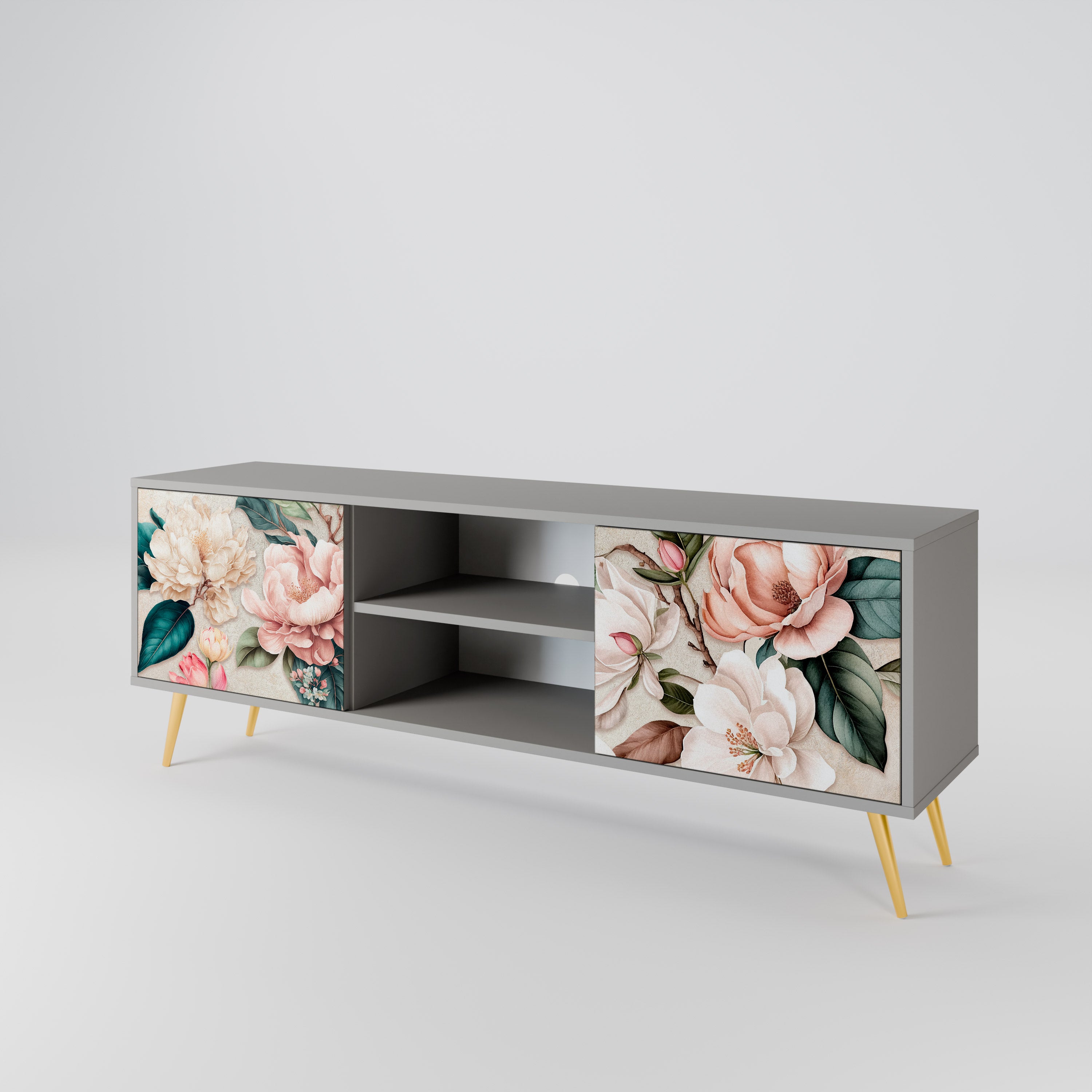 Βάση τηλεόρασης FLORAL GRACE με 2 πόρτες σε γκρι φινίρισμα