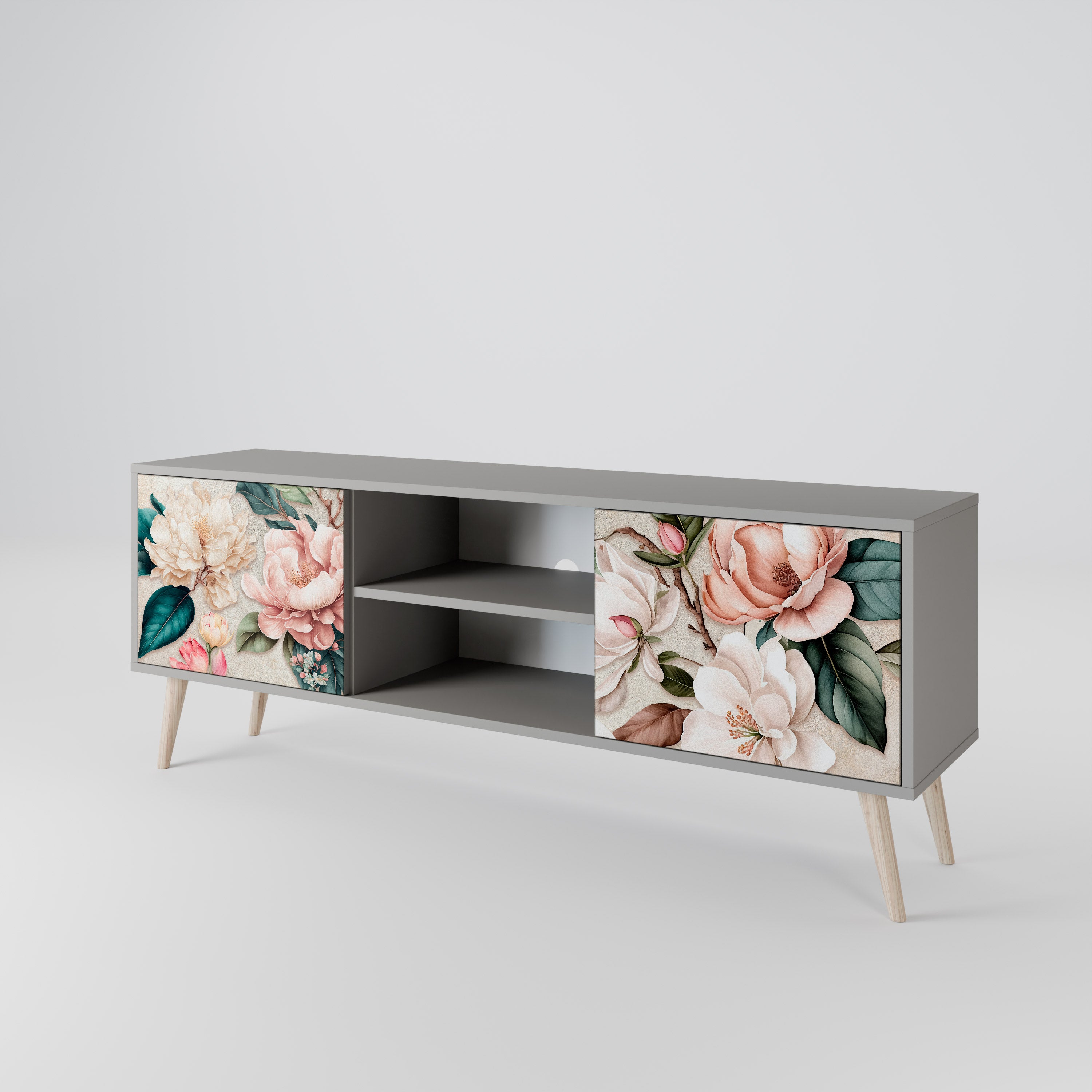 Βάση τηλεόρασης FLORAL GRACE με 2 πόρτες σε γκρι φινίρισμα