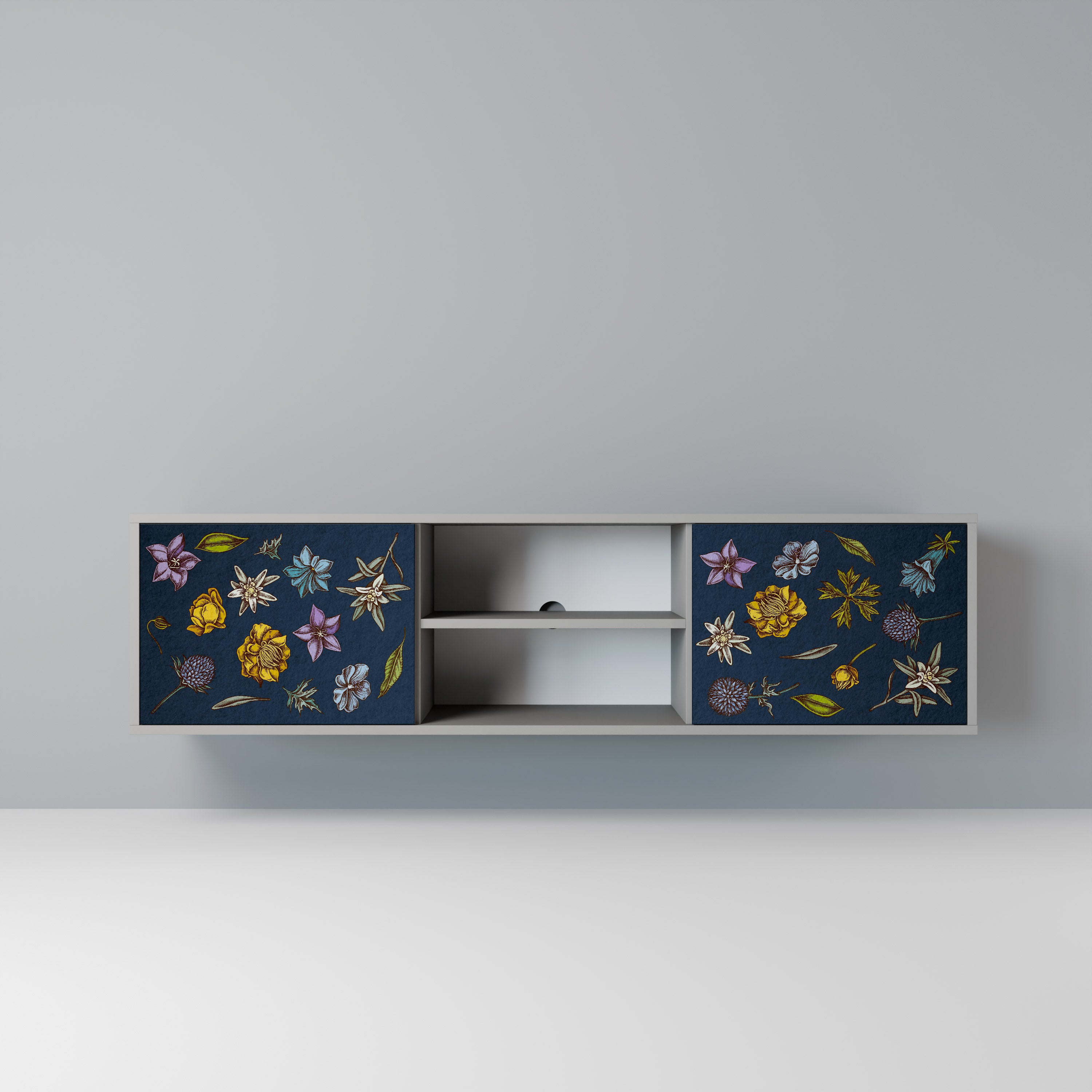 Βάση τηλεόρασης 2 θυρών FLOWERS ON NAVY BLUE σε γκρι φινίρισμα