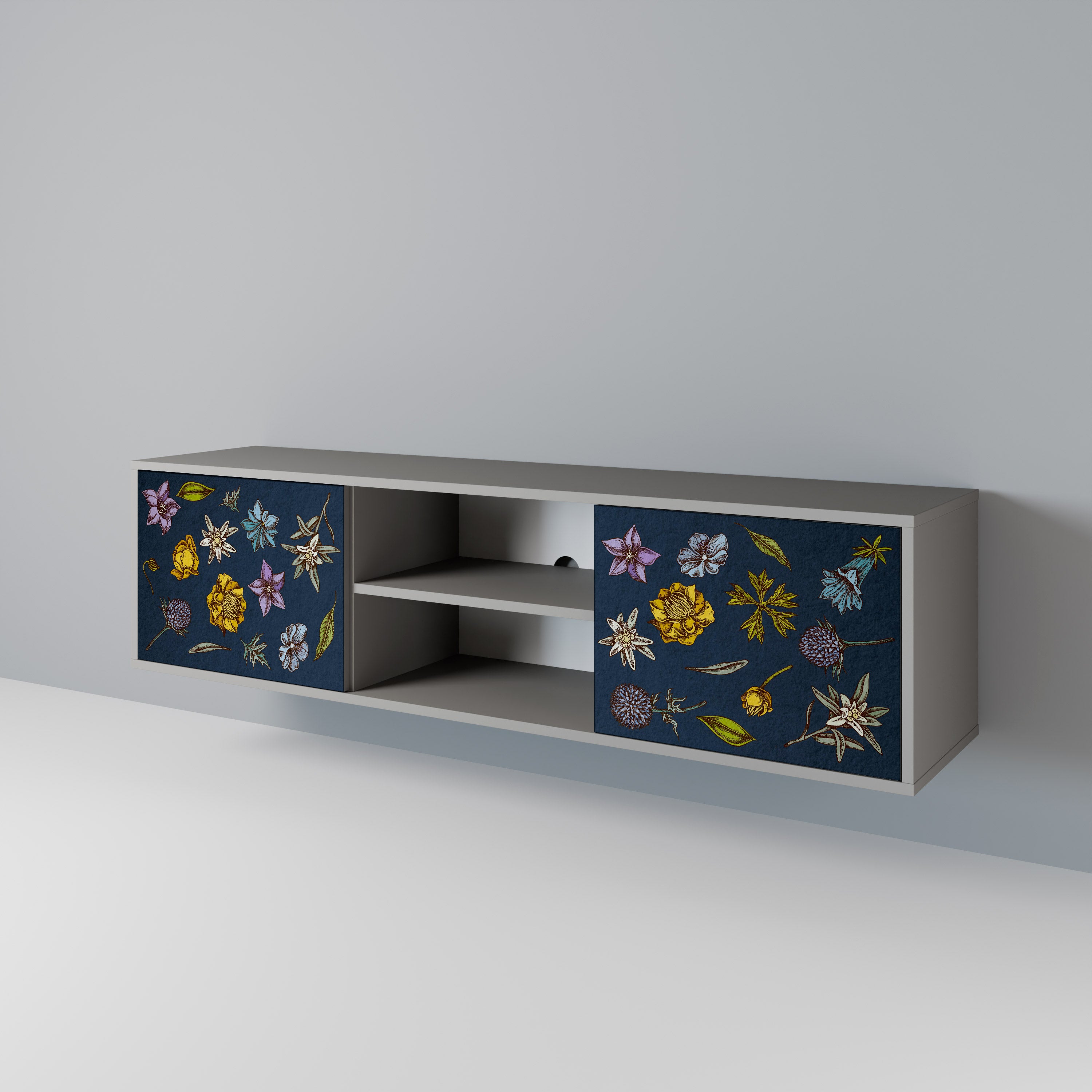 Βάση τηλεόρασης 2 θυρών FLOWERS ON NAVY BLUE σε γκρι φινίρισμα