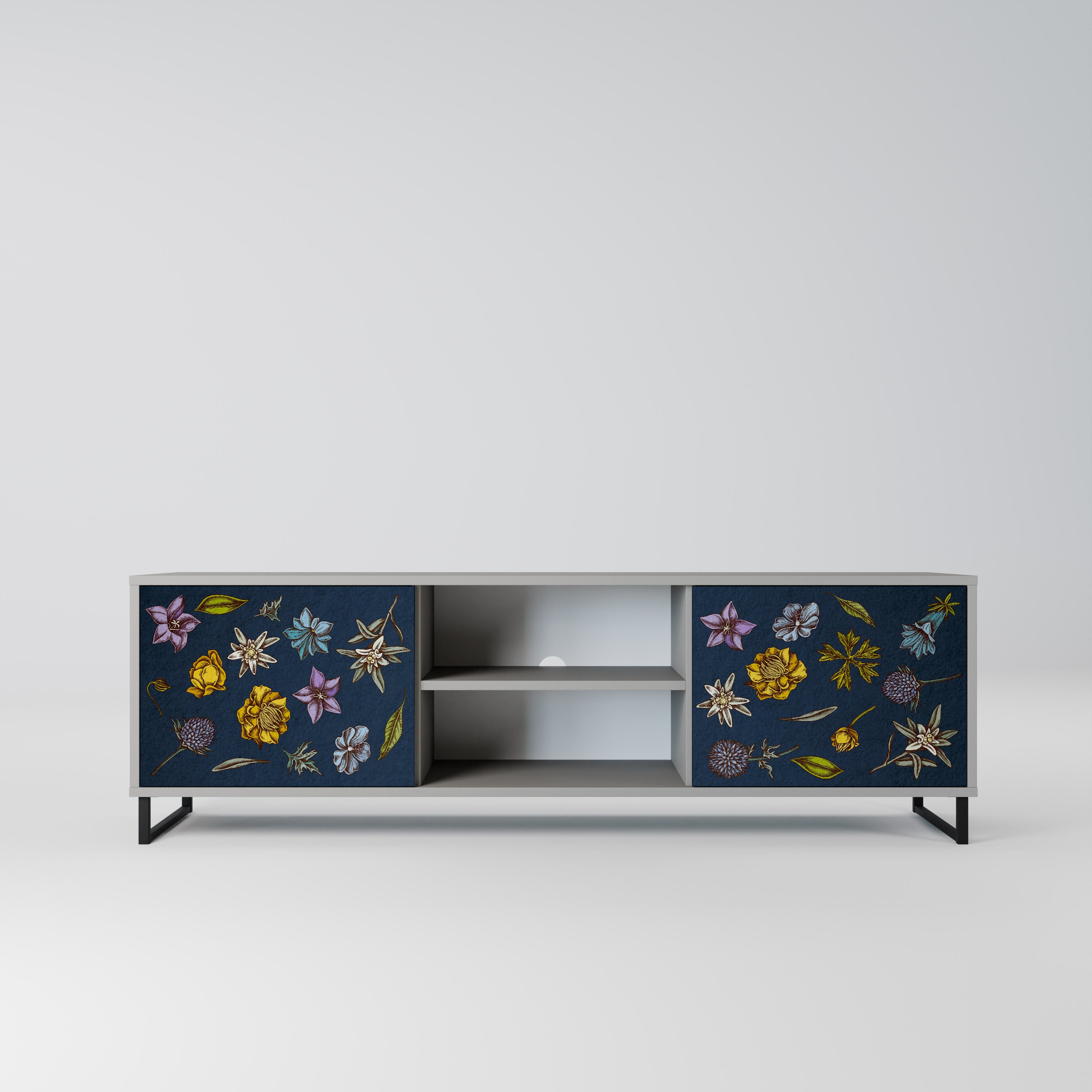 Βάση τηλεόρασης 2 θυρών FLOWERS ON NAVY BLUE σε γκρι φινίρισμα
