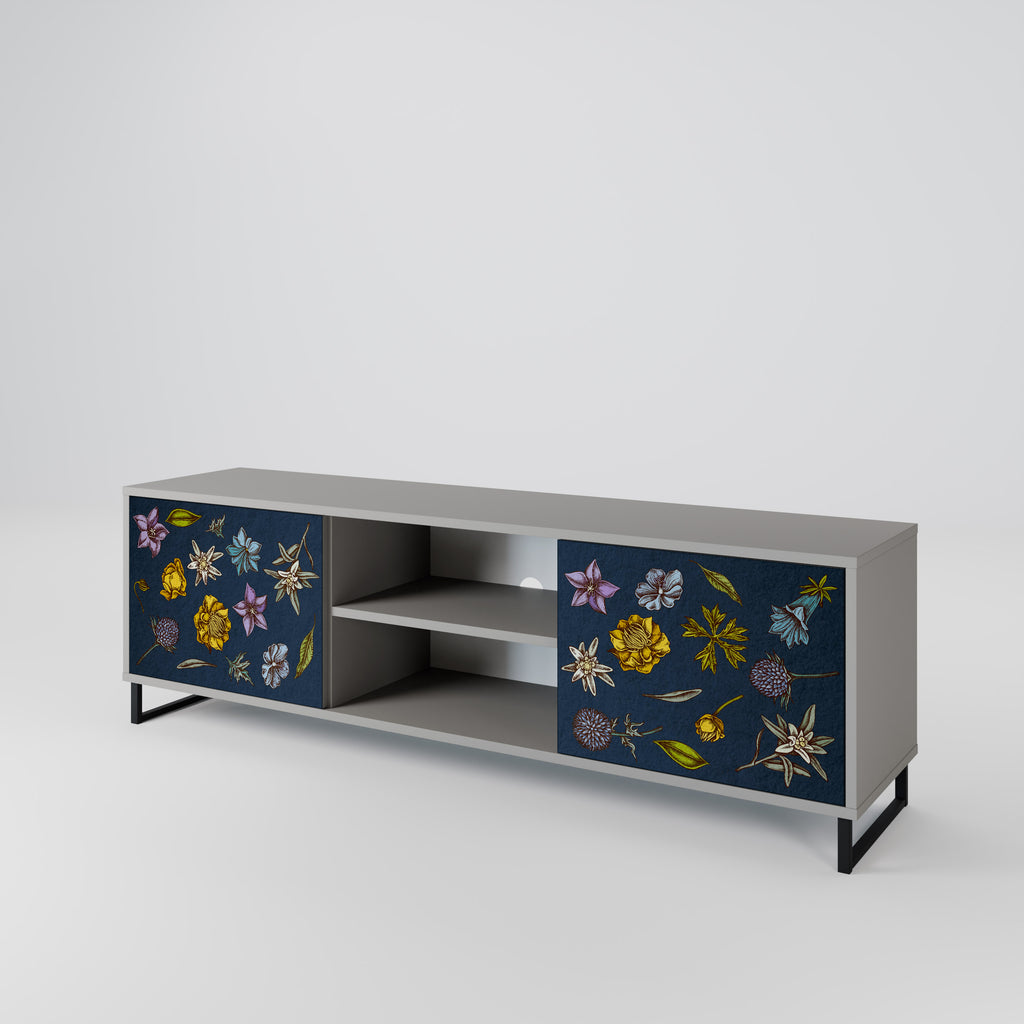 Βάση τηλεόρασης 2 θυρών FLOWERS ON NAVY BLUE σε γκρι φινίρισμα