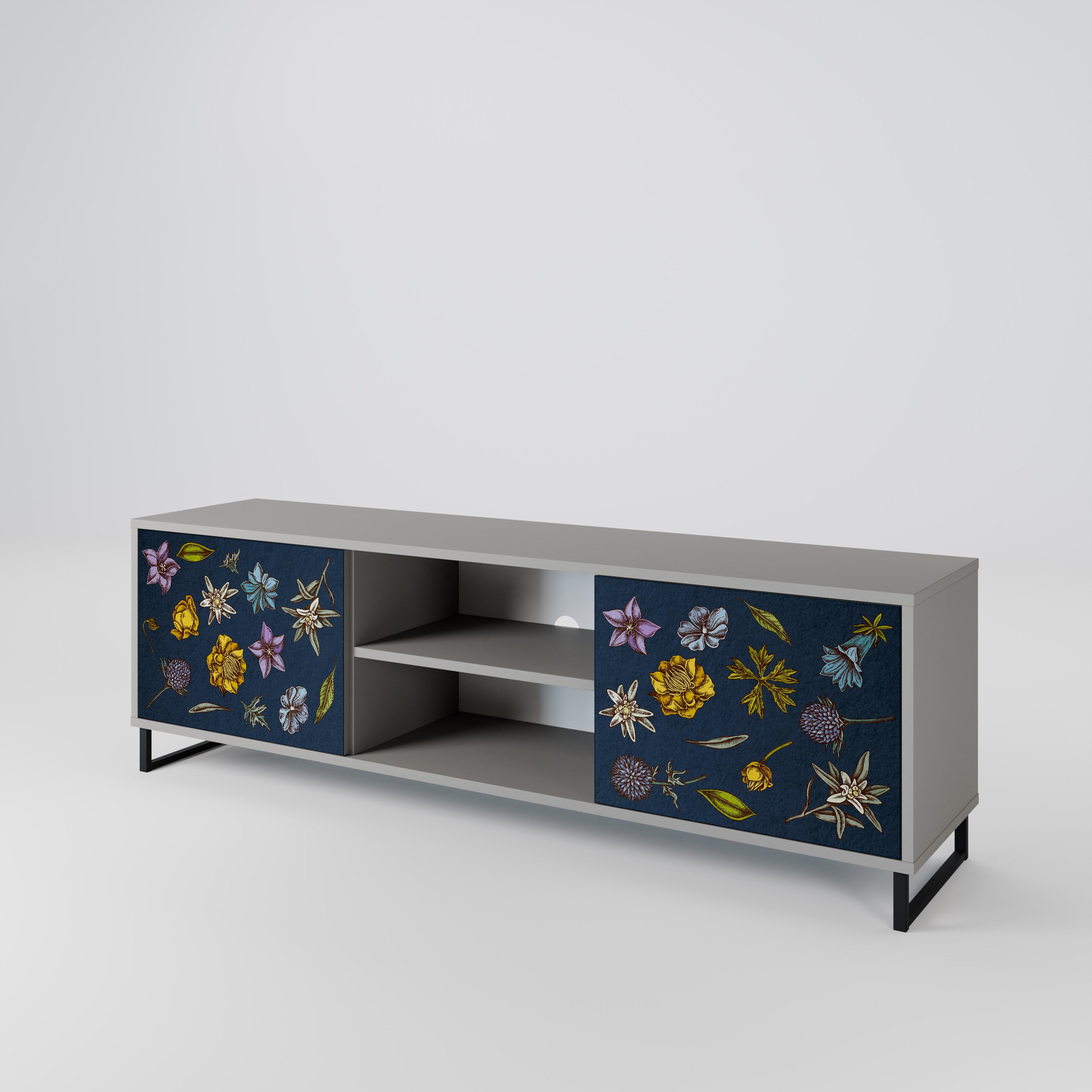 Βάση τηλεόρασης 2 θυρών FLOWERS ON NAVY BLUE σε γκρι φινίρισμα