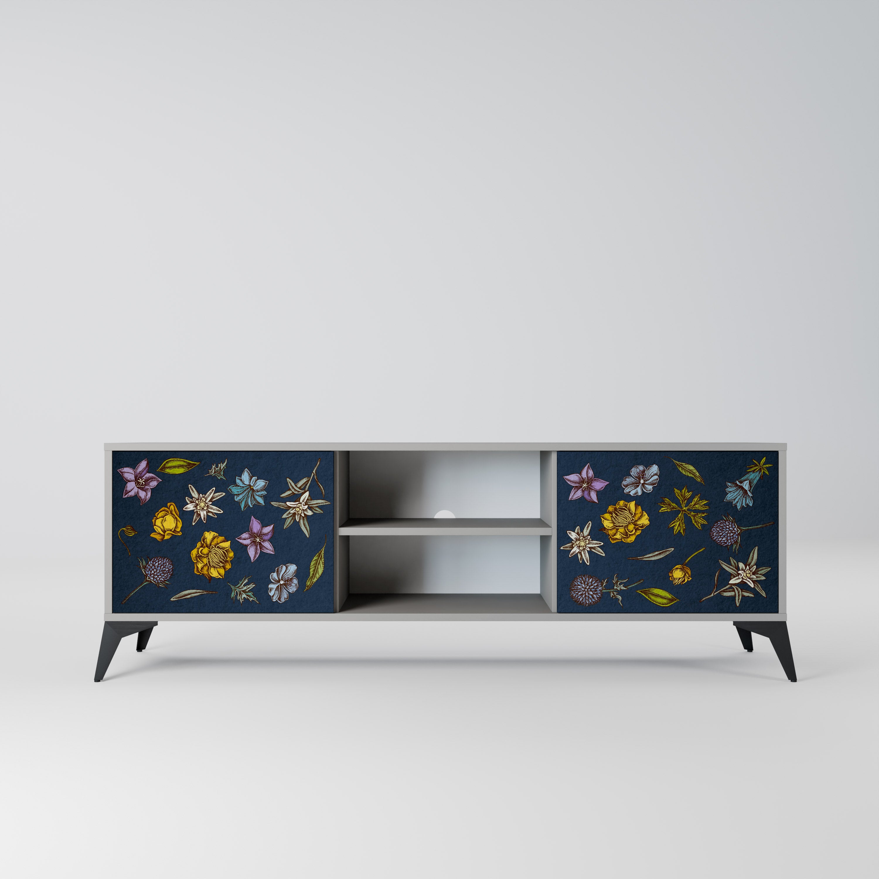 Βάση τηλεόρασης 2 θυρών FLOWERS ON NAVY BLUE σε γκρι φινίρισμα