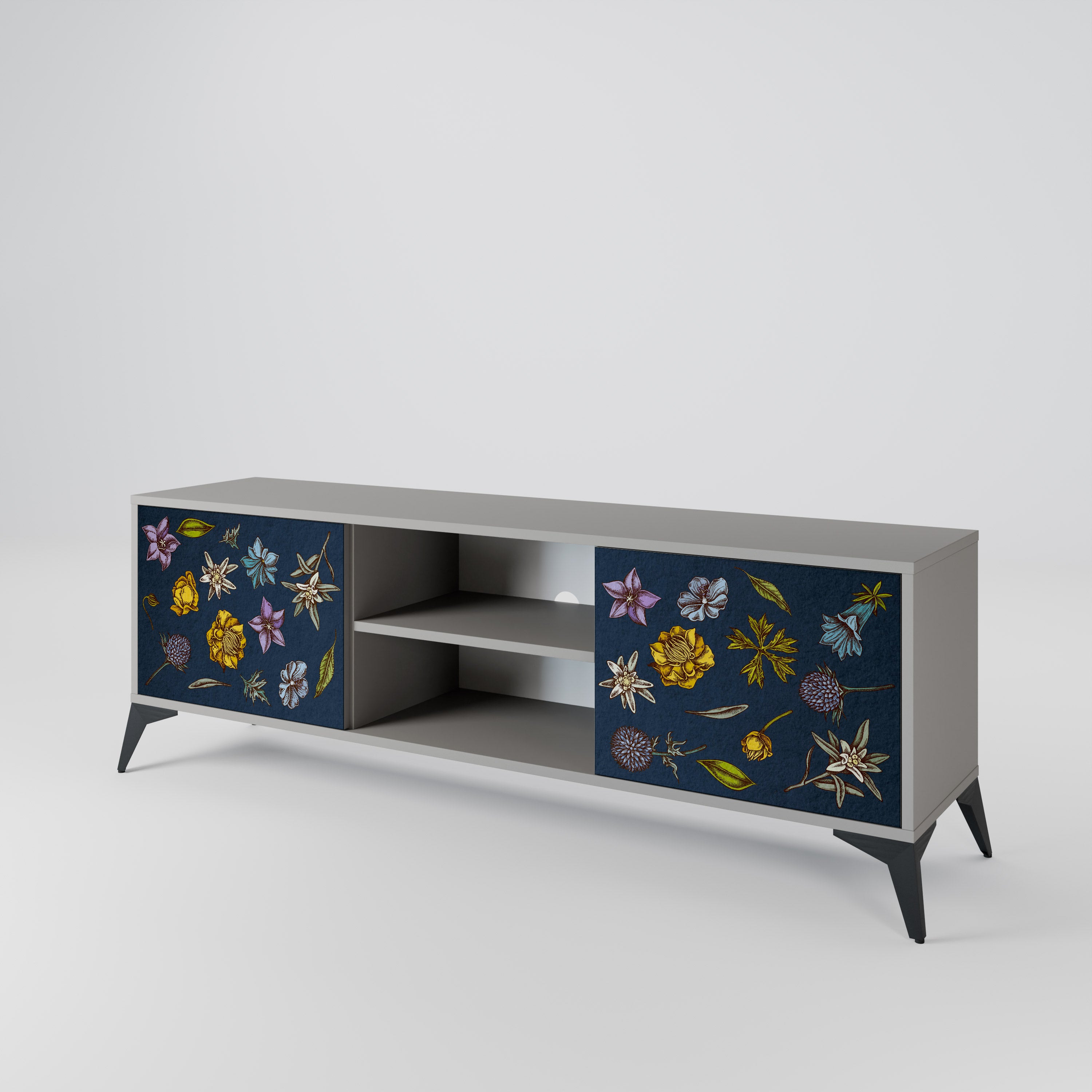 Βάση τηλεόρασης 2 θυρών FLOWERS ON NAVY BLUE σε γκρι φινίρισμα