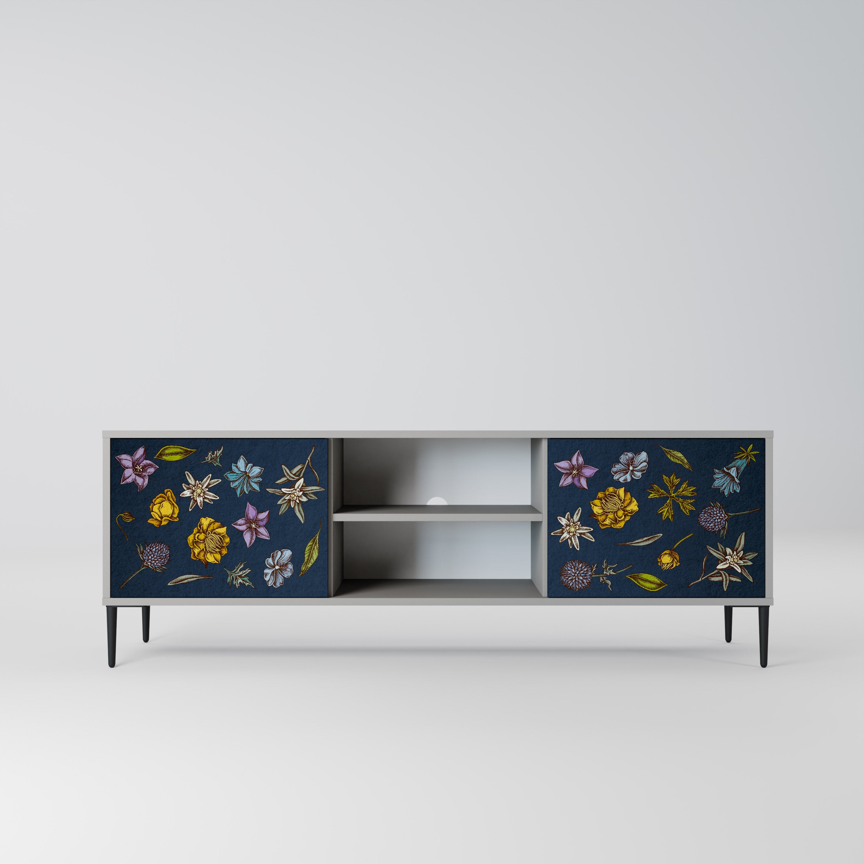 Βάση τηλεόρασης 2 θυρών FLOWERS ON NAVY BLUE σε γκρι φινίρισμα
