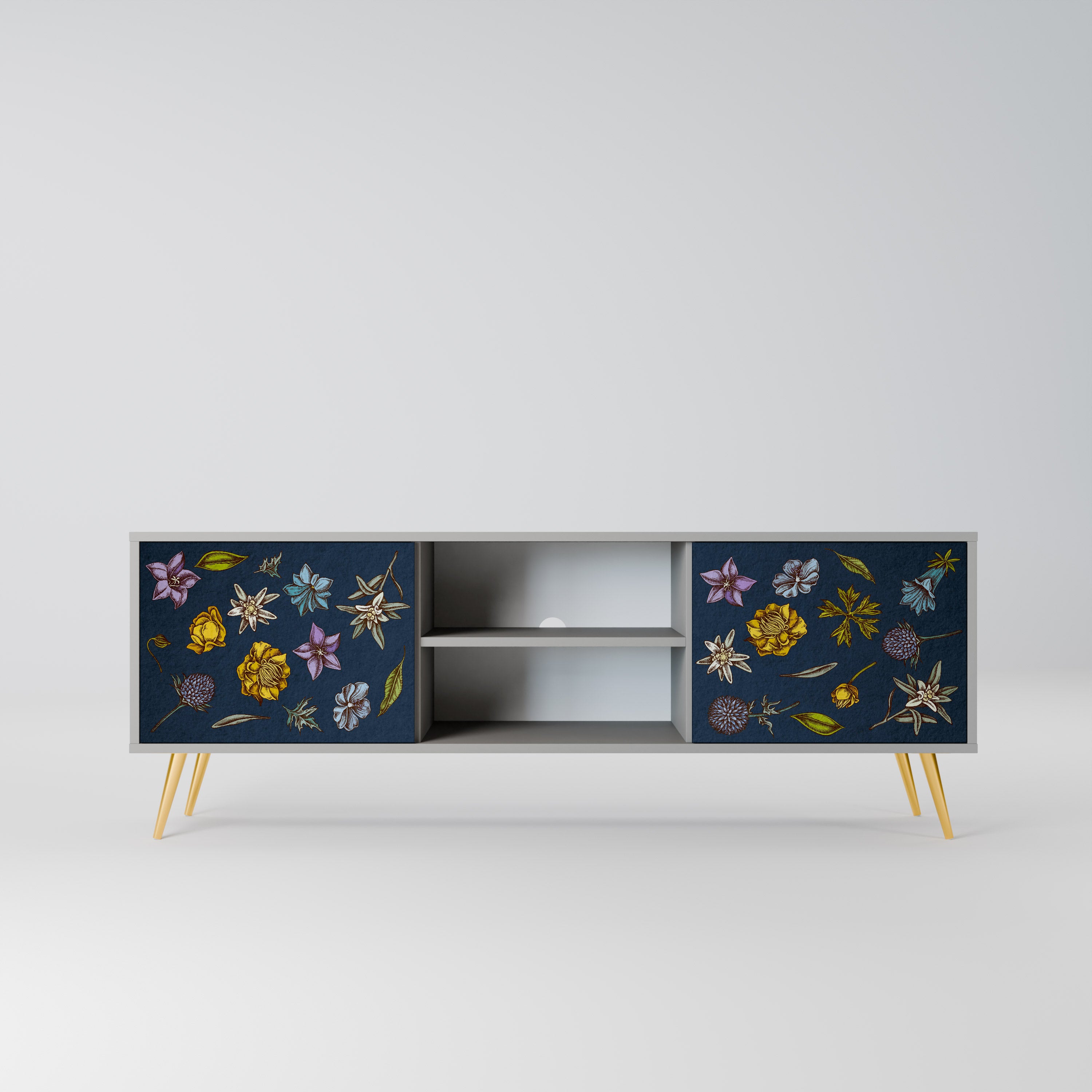 Βάση τηλεόρασης 2 θυρών FLOWERS ON NAVY BLUE σε γκρι φινίρισμα