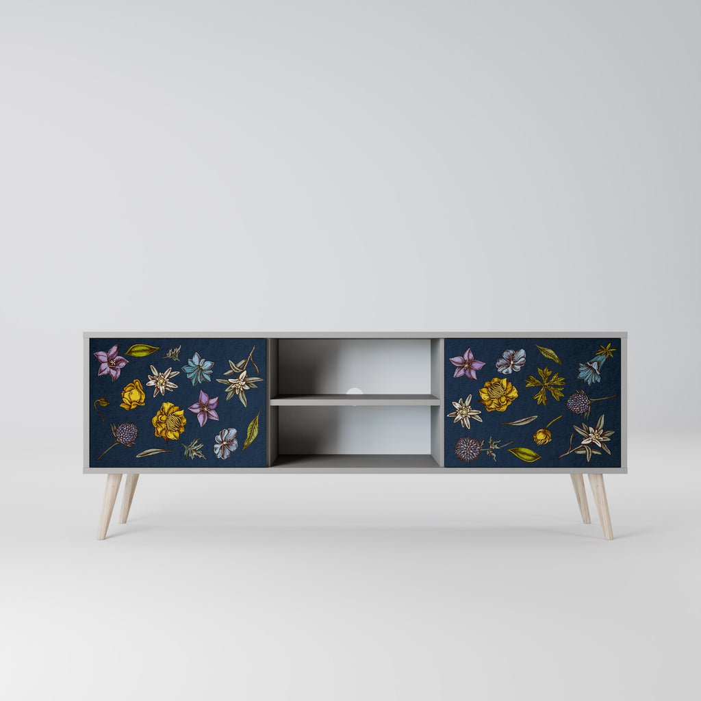 Βάση τηλεόρασης 2 θυρών FLOWERS ON NAVY BLUE σε γκρι φινίρισμα