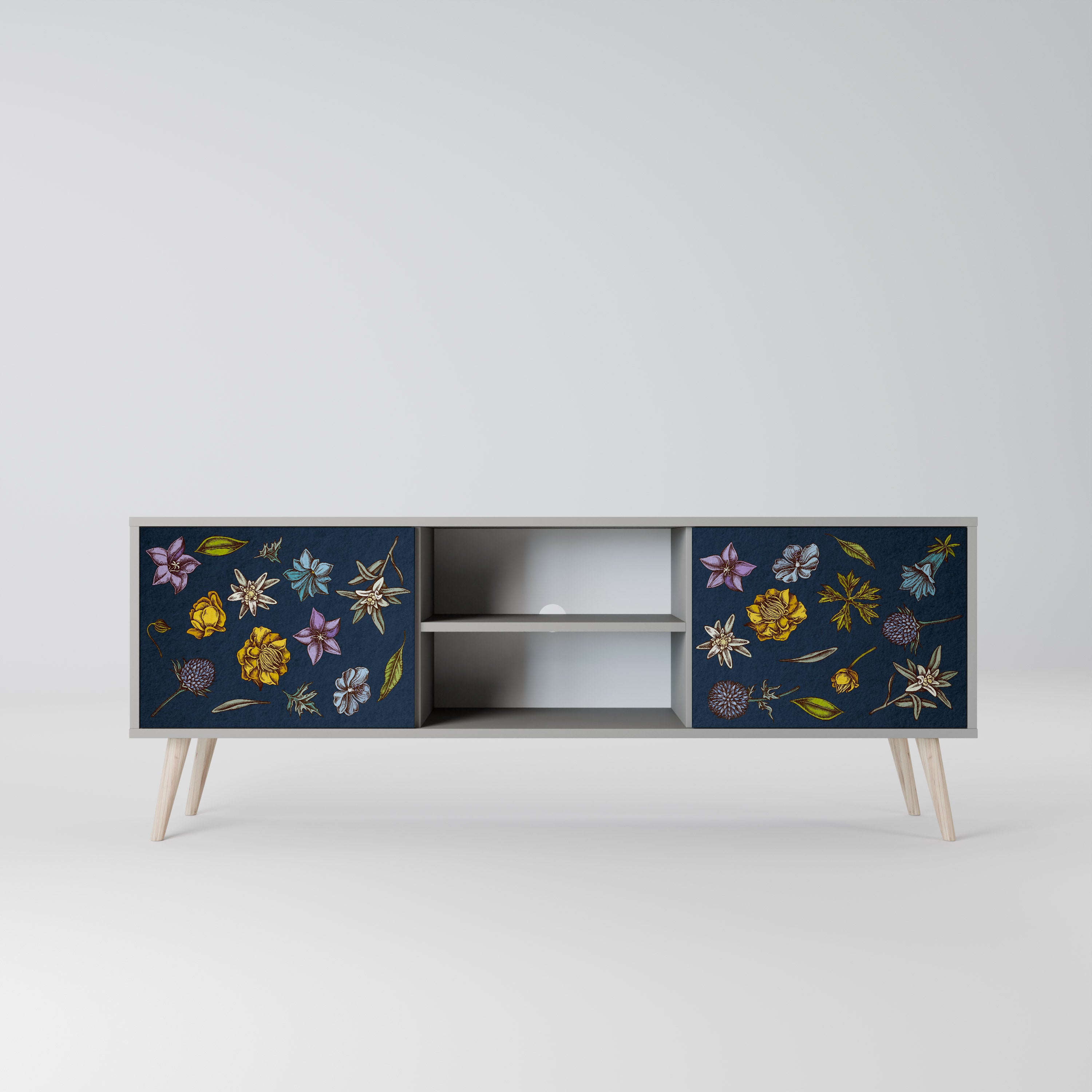 Βάση τηλεόρασης 2 θυρών FLOWERS ON NAVY BLUE σε γκρι φινίρισμα