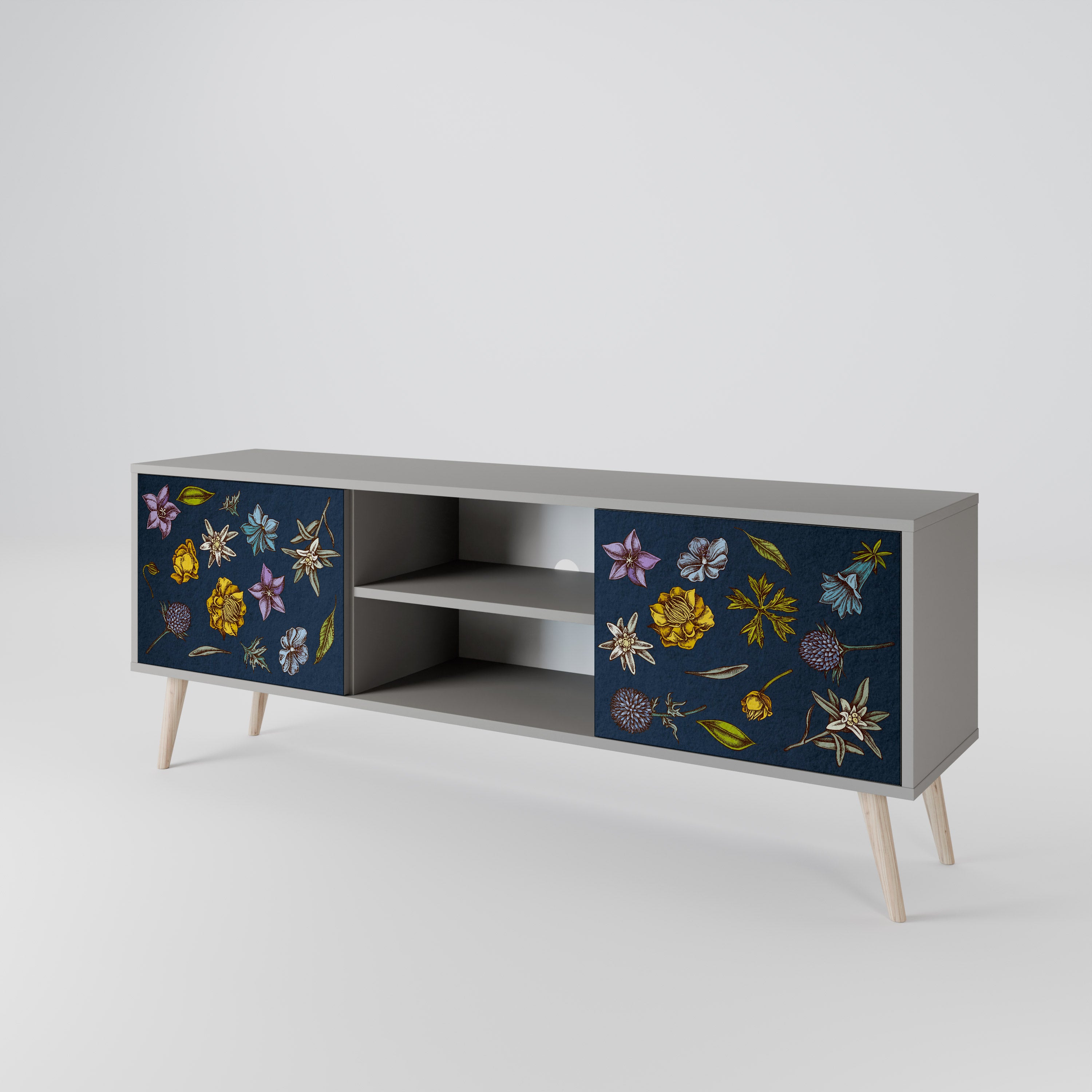 Βάση τηλεόρασης 2 θυρών FLOWERS ON NAVY BLUE σε γκρι φινίρισμα