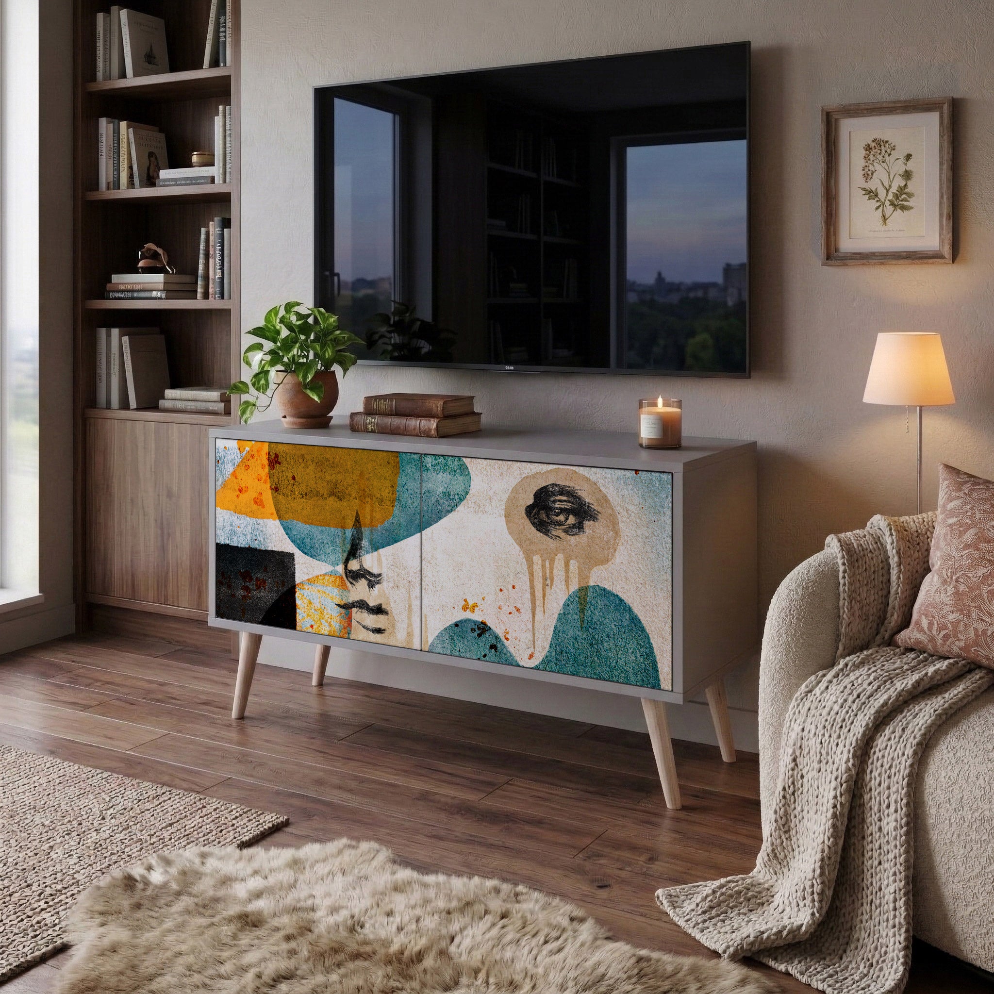 ABSTRACT FACES Compact 2-Door TV Cabinet