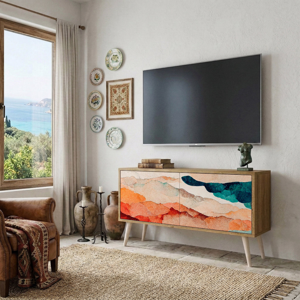 ABSTRACT LANDSCAPE Compact 2-Door TV Cabinet