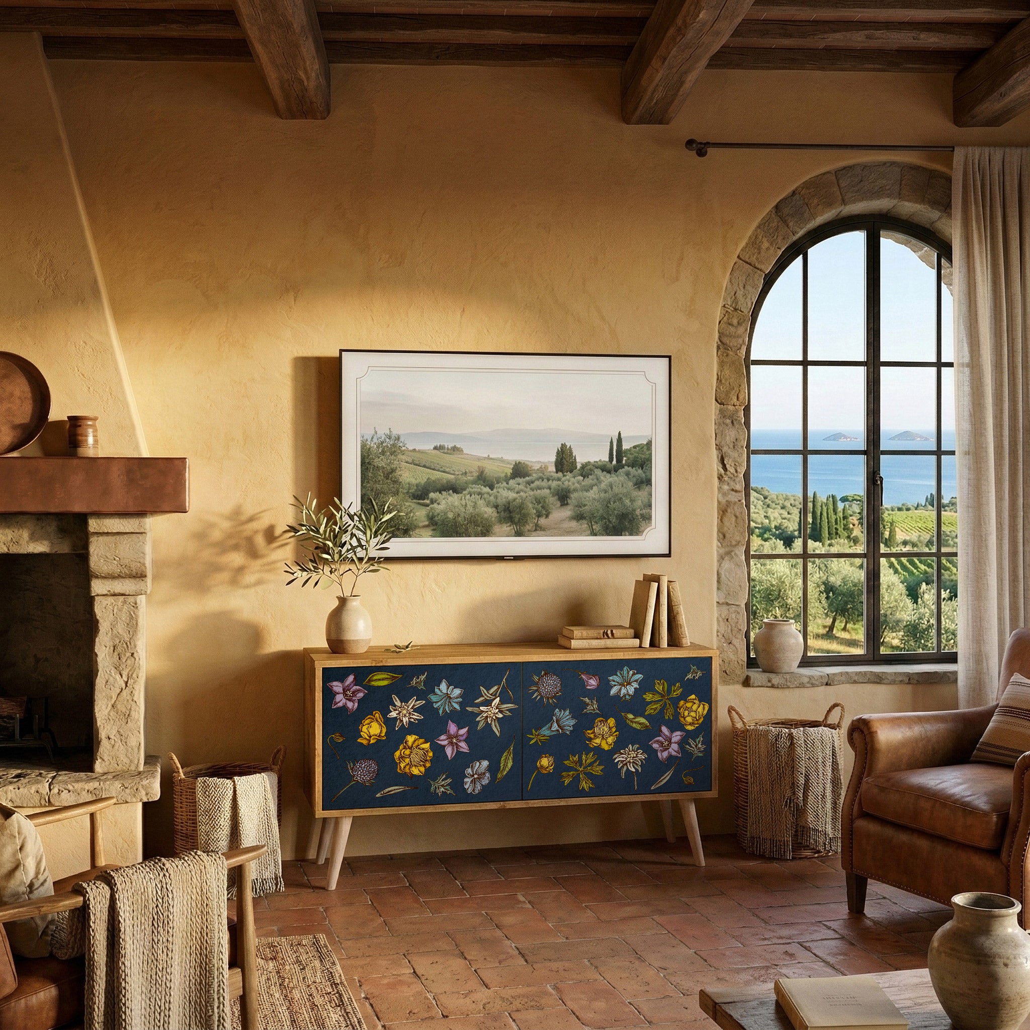 FLOWERS ON NAVY BLUE Compact 2-Door TV Cabinet