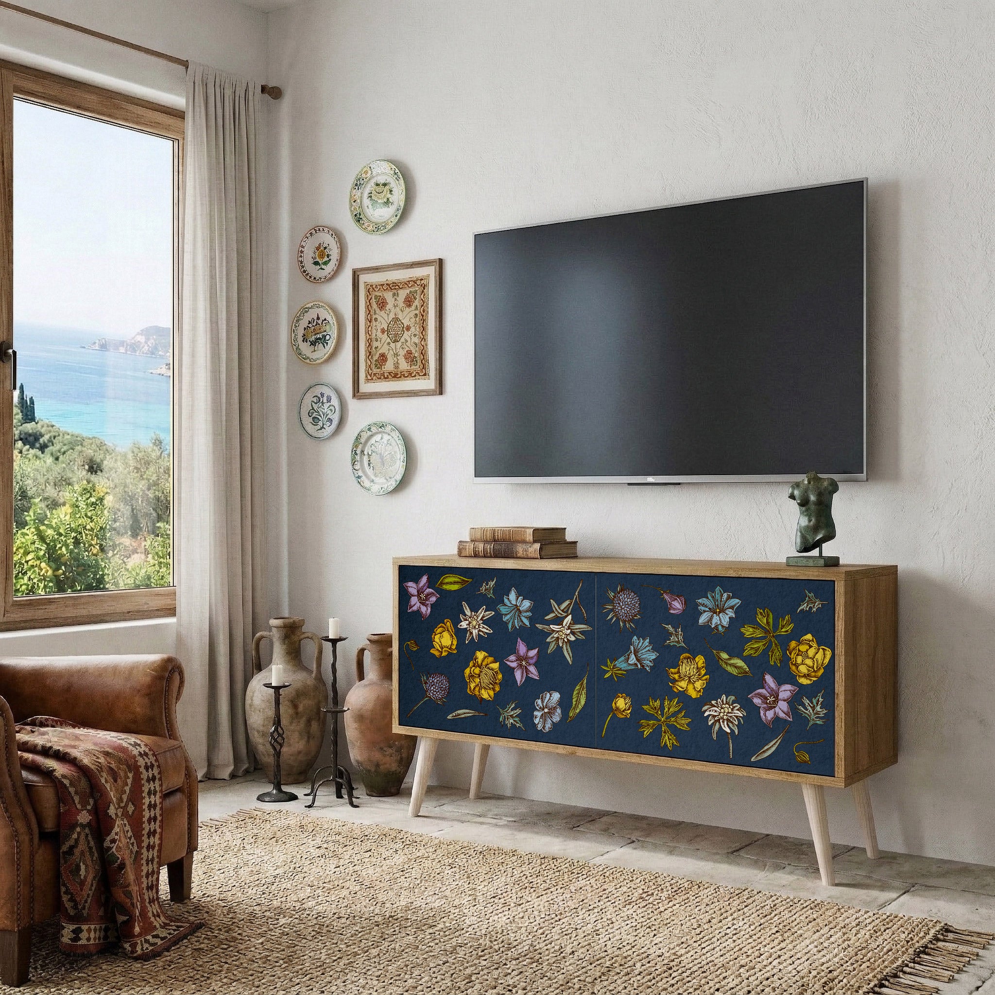 FLOWERS ON NAVY BLUE Compact 2-Door TV Cabinet