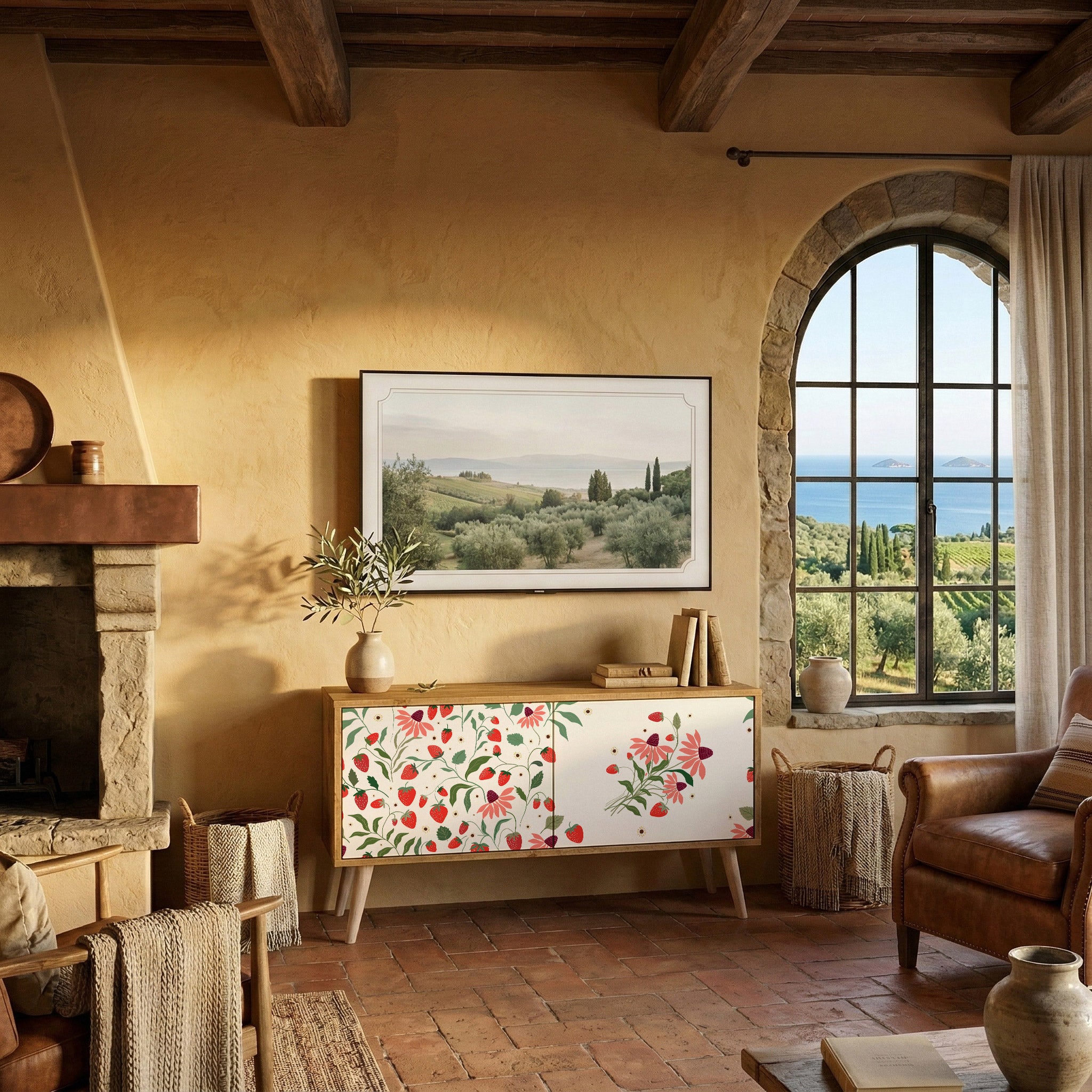 FLOWERS AND STRAWBERRIES Compact 2-Door TV Cabinet