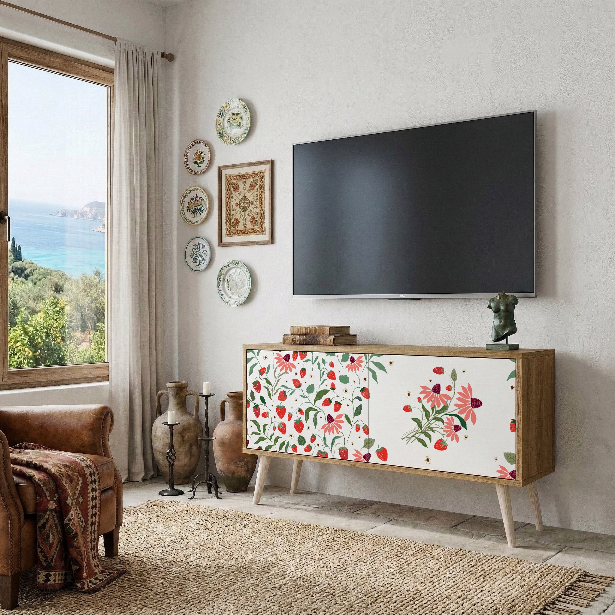 FLOWERS AND STRAWBERRIES Compact 2-Door TV Cabinet