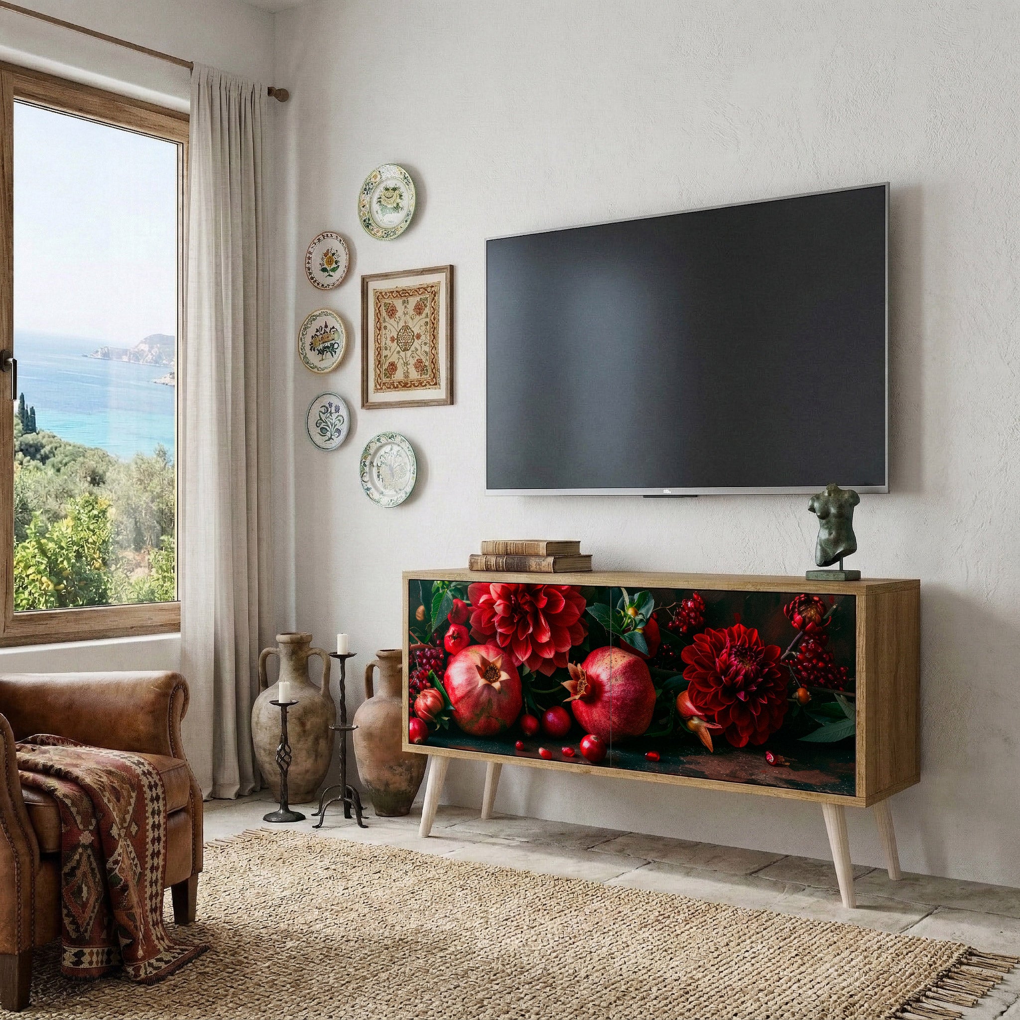 DAHLIAS AND POMEGRANATES Compact 2-Door TV Cabinet