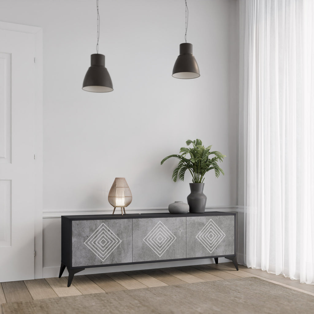 Βάση τηλεόρασης POLYGONAL ARTISTRY με 3 πόρτες σε μαύρο φινίρισμα