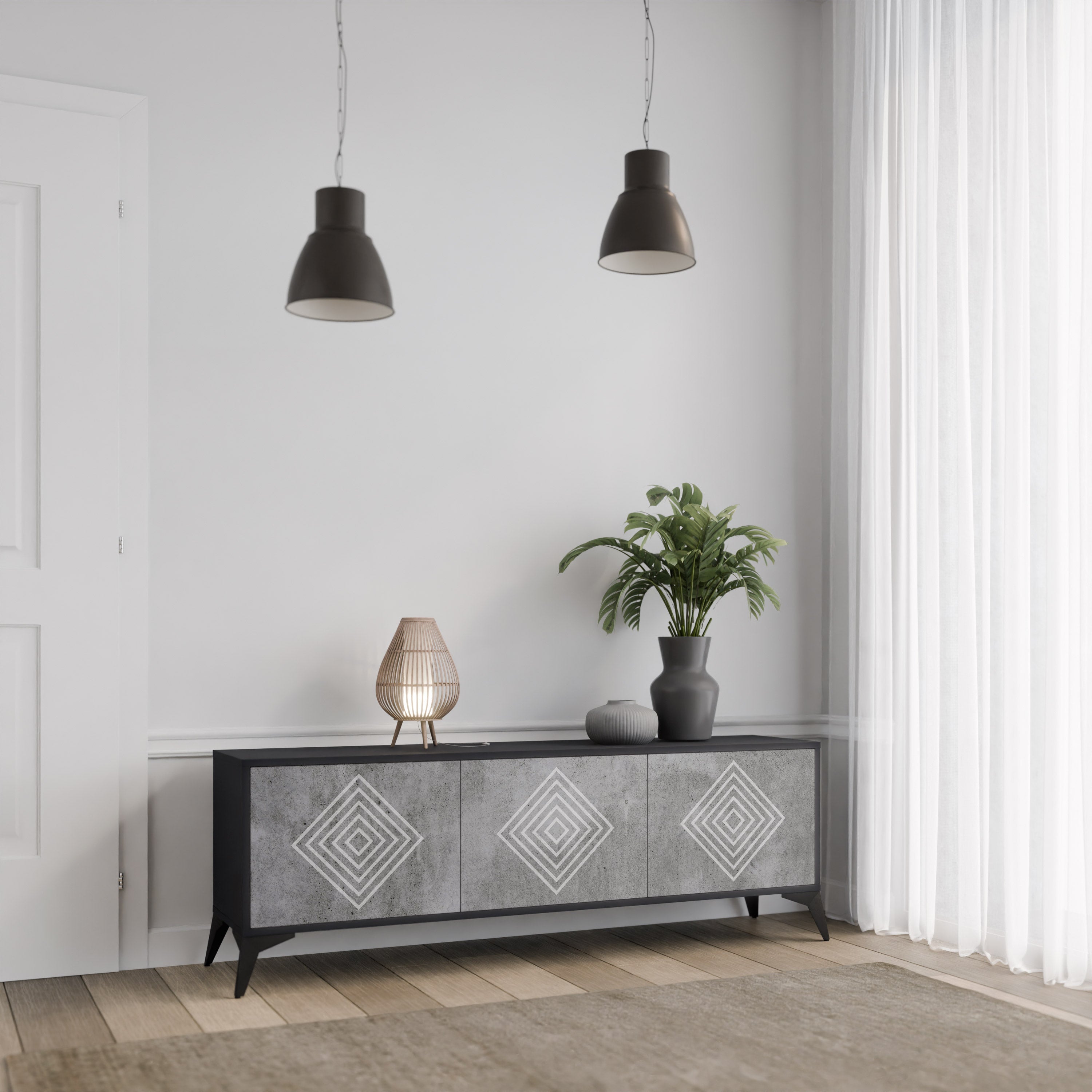 Βάση τηλεόρασης POLYGONAL ARTISTRY με 3 πόρτες σε μαύρο φινίρισμα