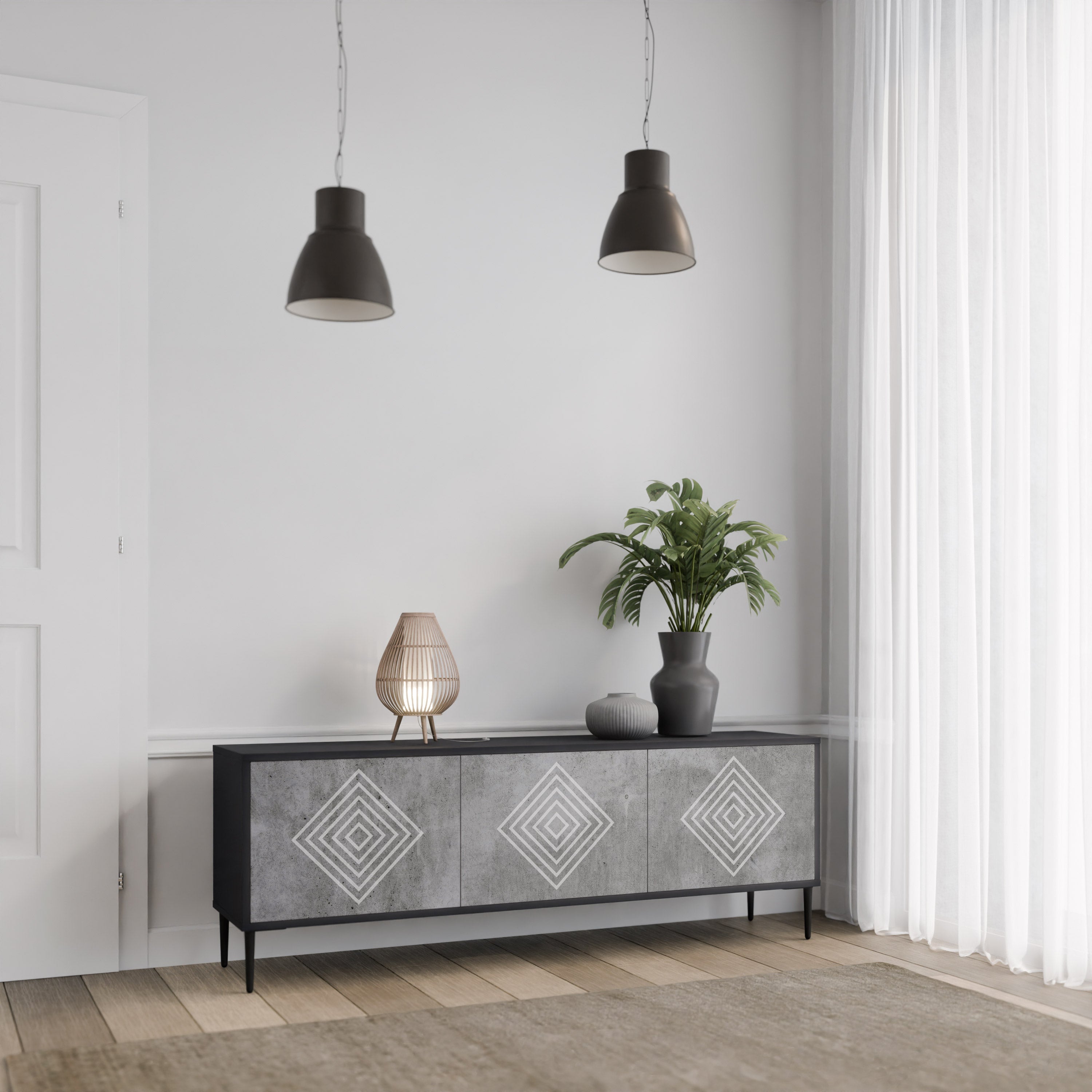 Βάση τηλεόρασης POLYGONAL ARTISTRY με 3 πόρτες σε μαύρο φινίρισμα