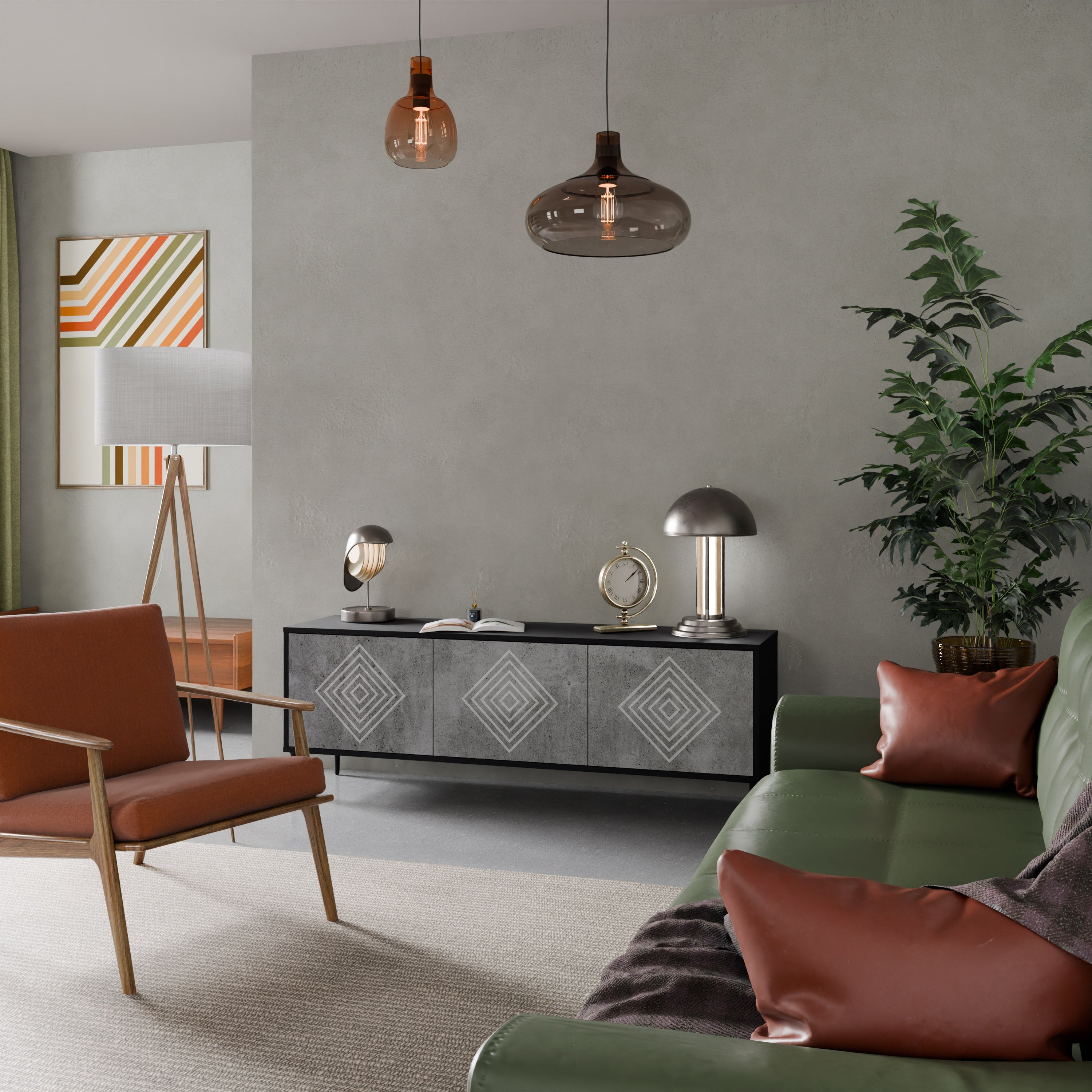 Βάση τηλεόρασης POLYGONAL ARTISTRY με 3 πόρτες σε μαύρο φινίρισμα