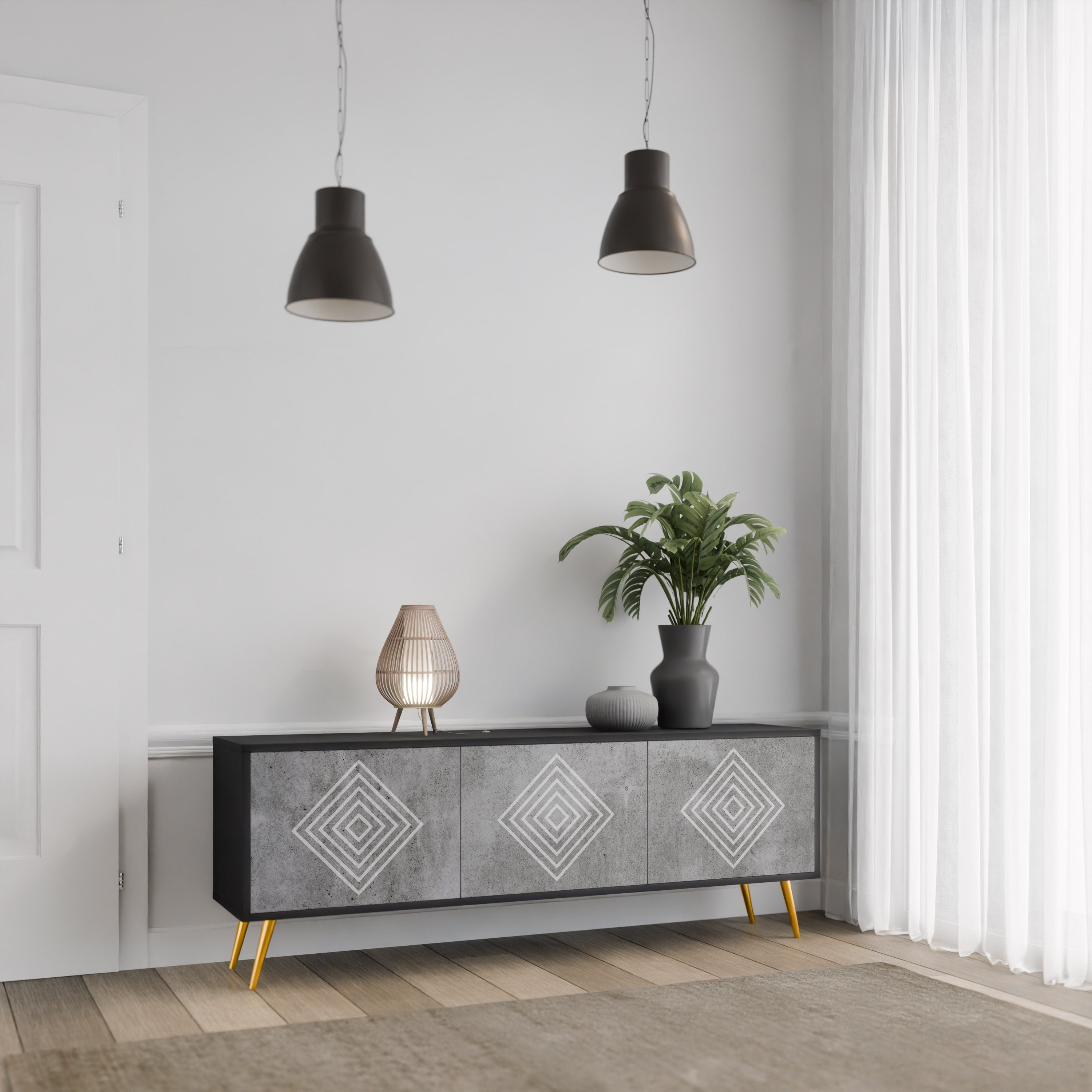 Βάση τηλεόρασης POLYGONAL ARTISTRY με 3 πόρτες σε μαύρο φινίρισμα