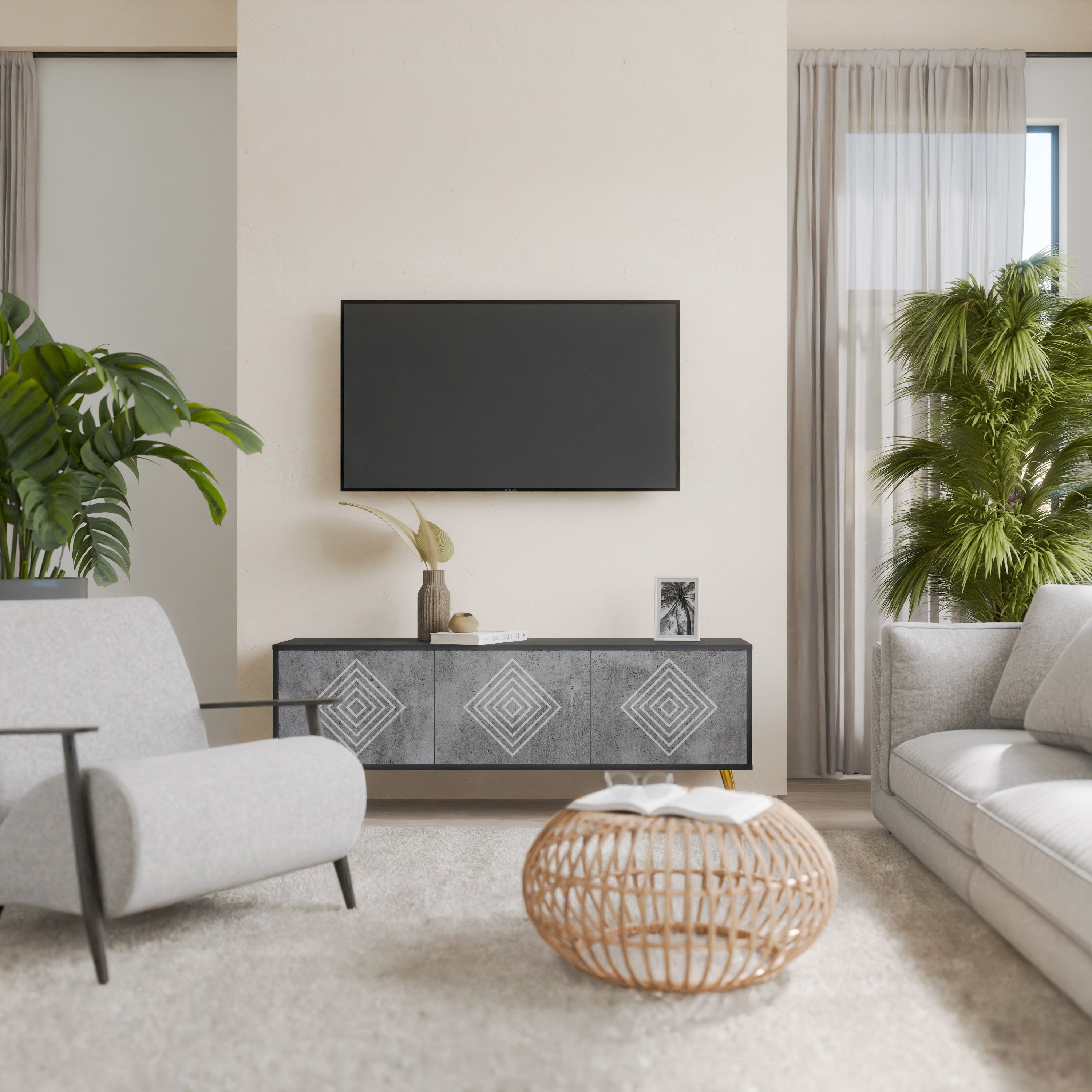 Βάση τηλεόρασης POLYGONAL ARTISTRY με 3 πόρτες σε μαύρο φινίρισμα