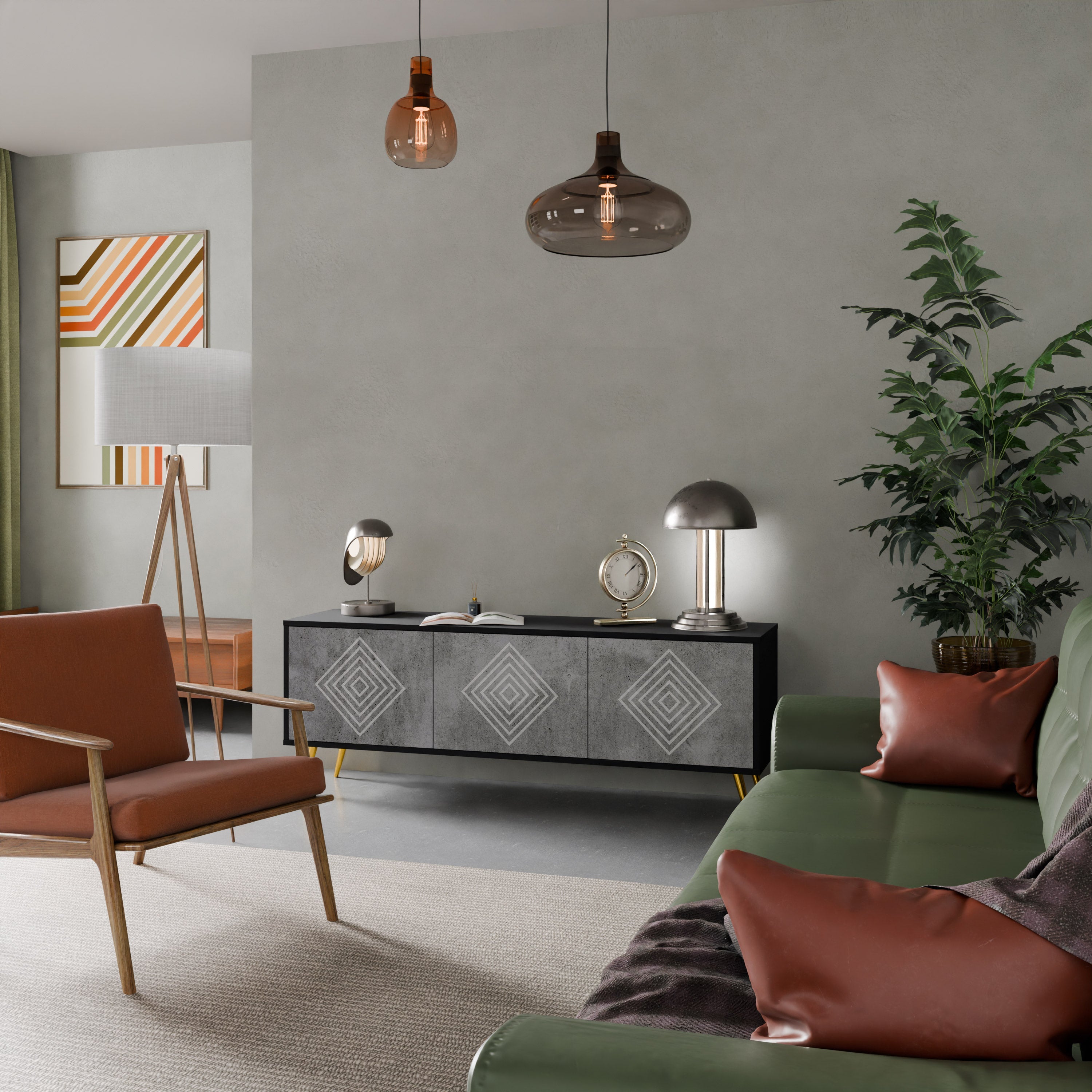 Βάση τηλεόρασης POLYGONAL ARTISTRY με 3 πόρτες σε μαύρο φινίρισμα