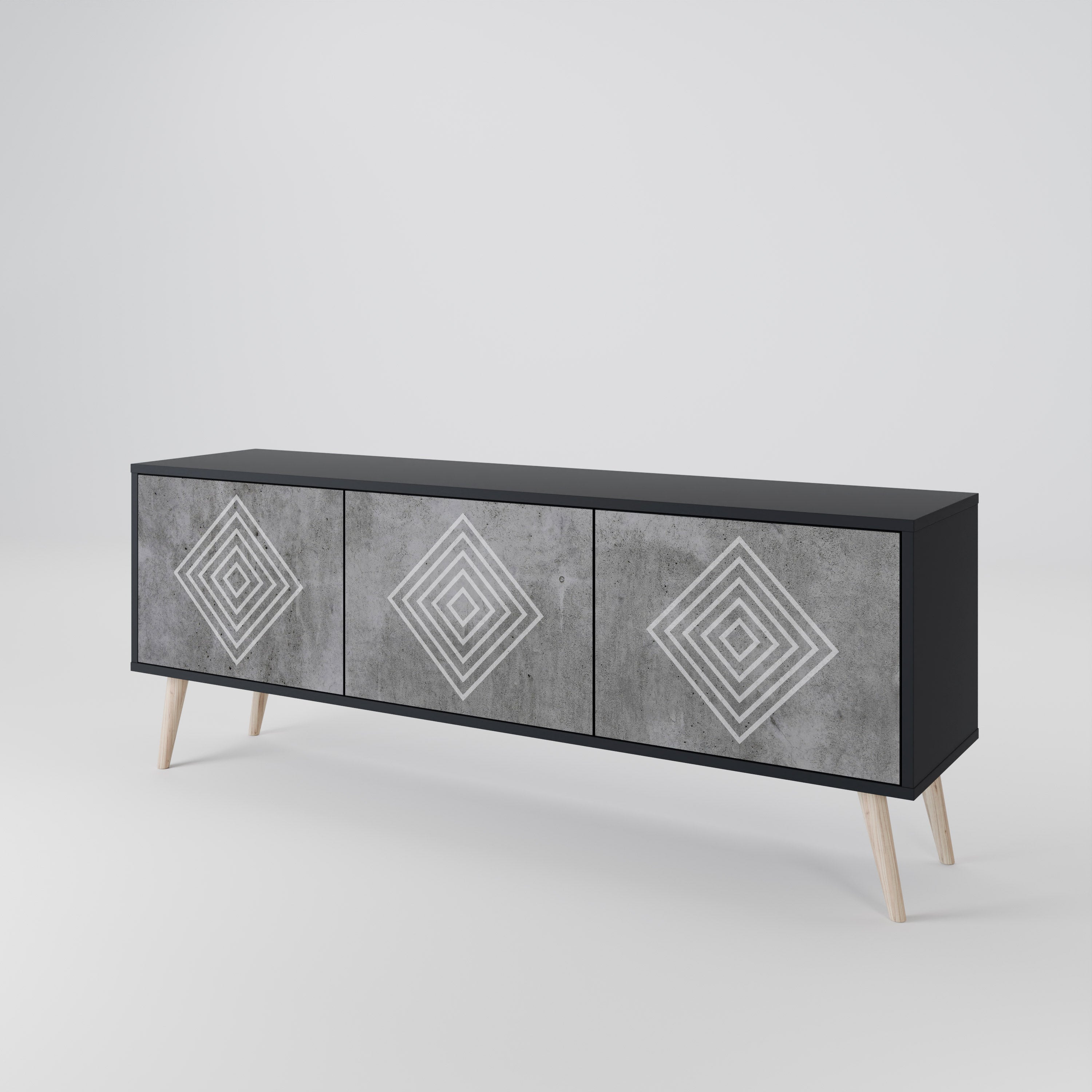 Βάση τηλεόρασης POLYGONAL ARTISTRY με 3 πόρτες σε μαύρο φινίρισμα