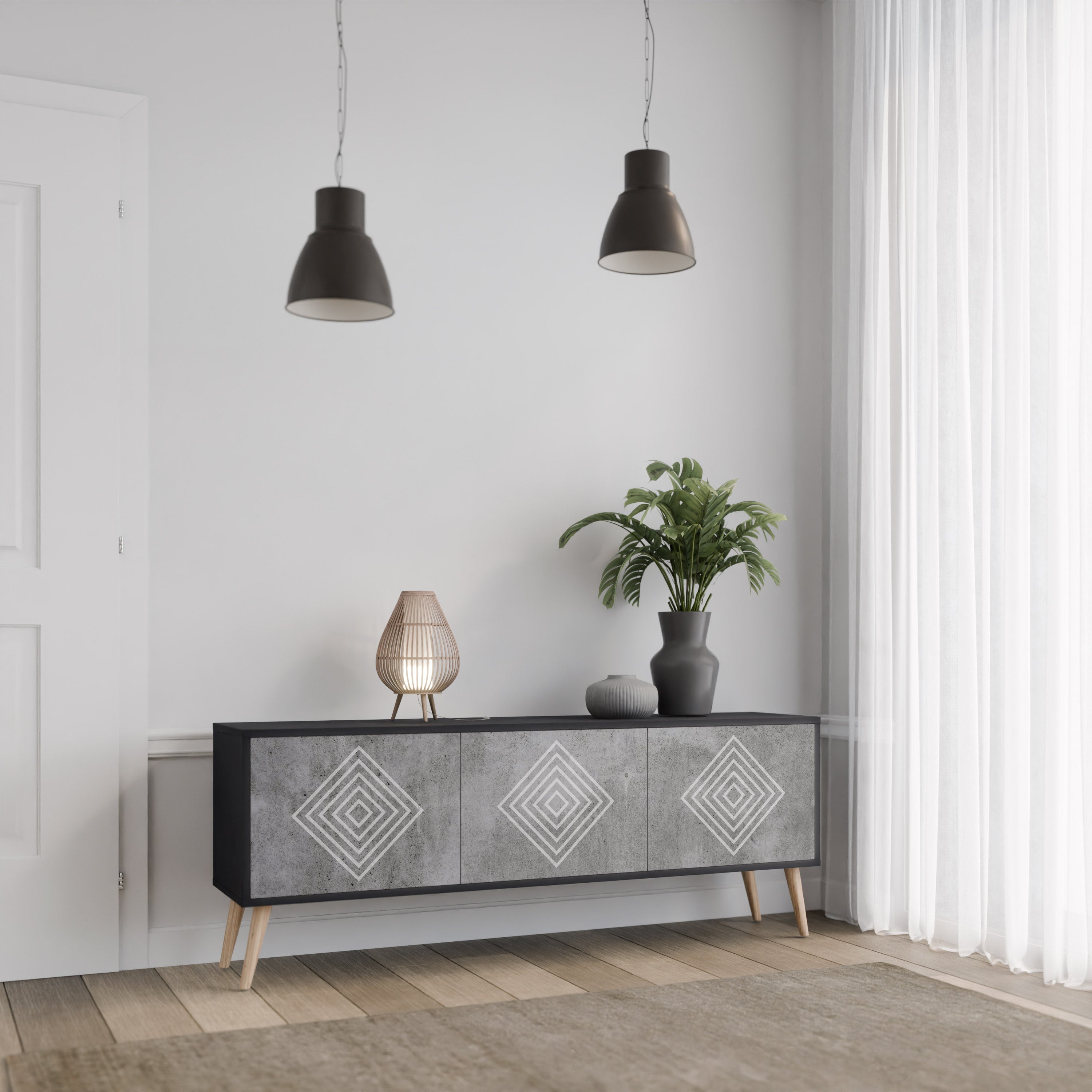 Βάση τηλεόρασης POLYGONAL ARTISTRY με 3 πόρτες σε μαύρο φινίρισμα