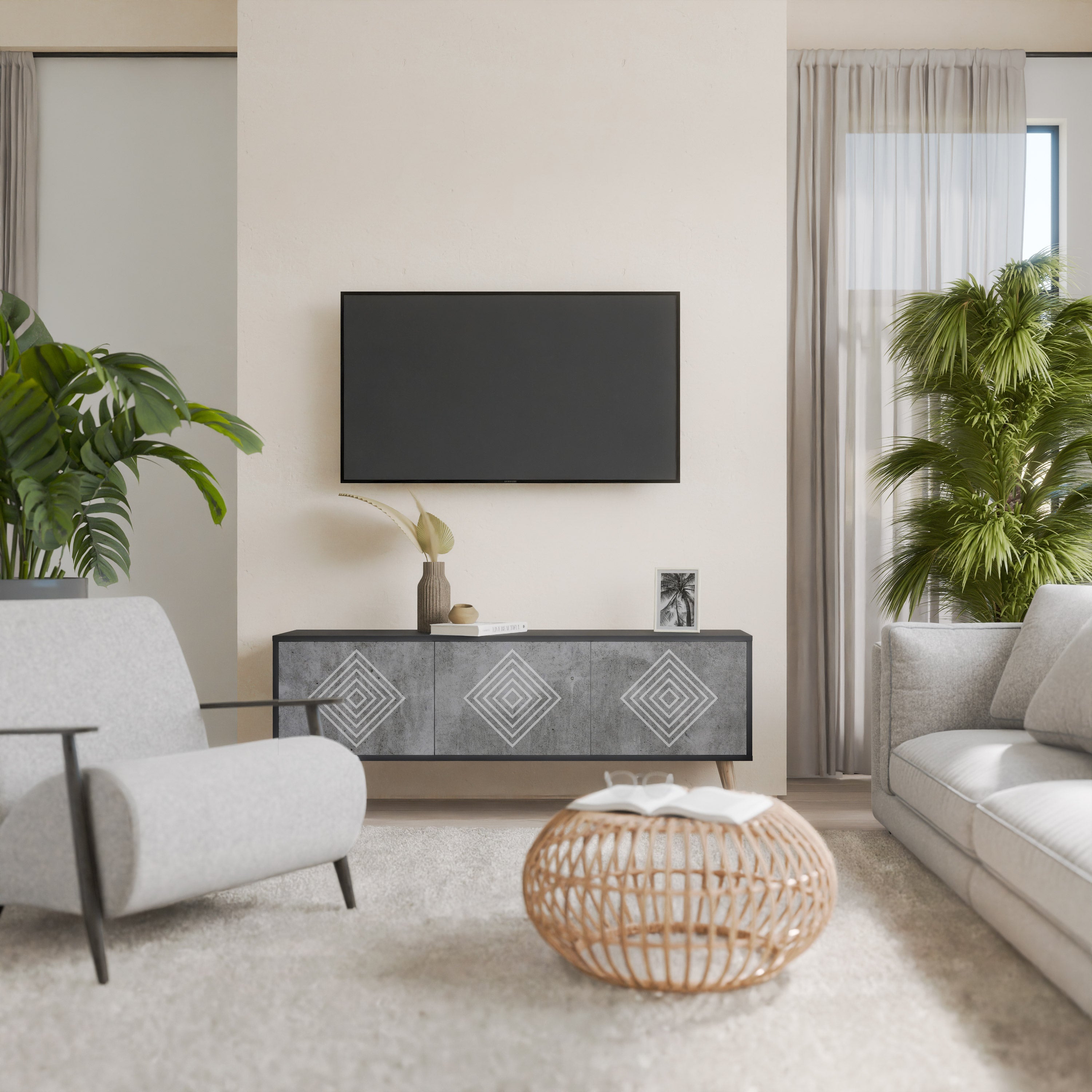 Βάση τηλεόρασης POLYGONAL ARTISTRY με 3 πόρτες σε μαύρο φινίρισμα