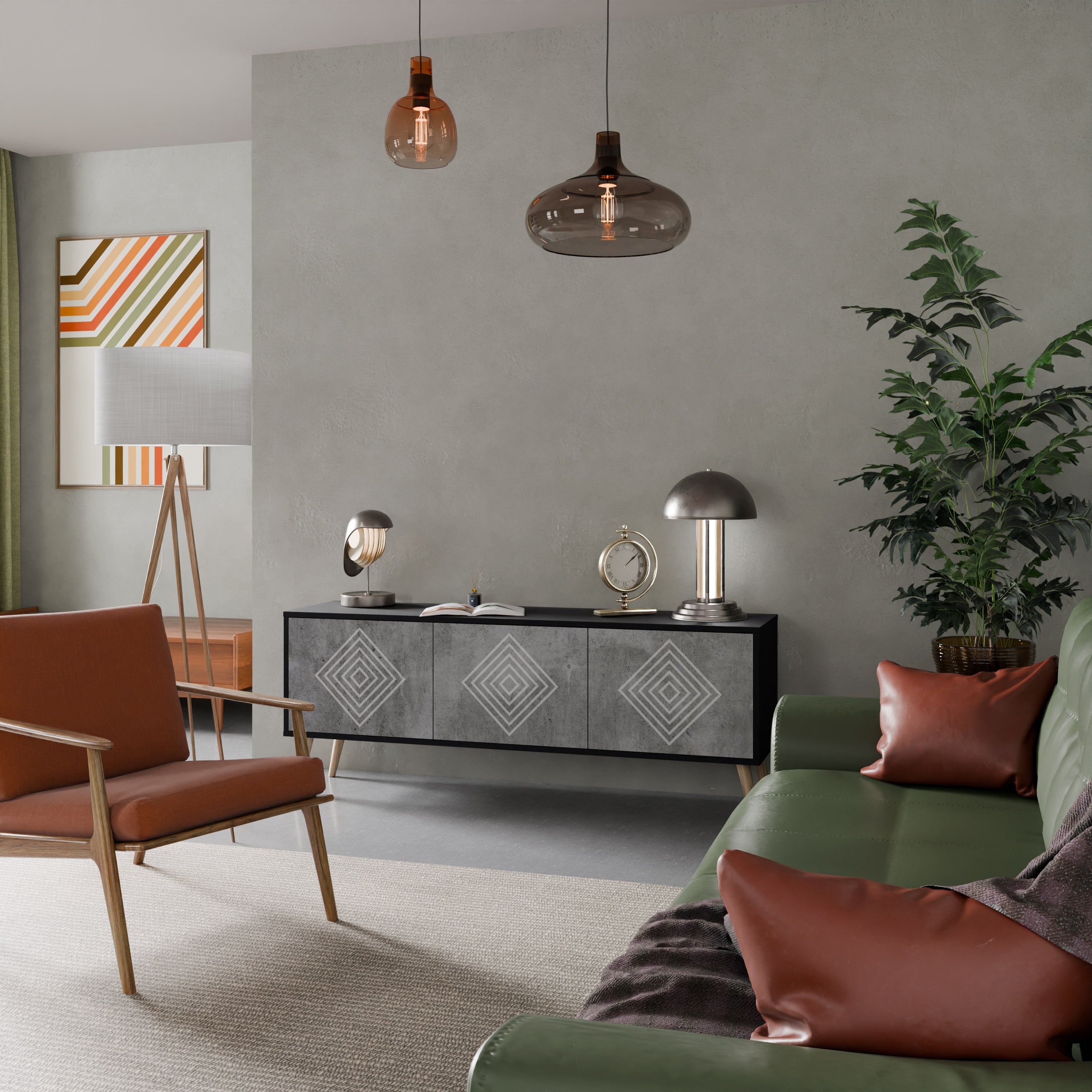 Βάση τηλεόρασης POLYGONAL ARTISTRY με 3 πόρτες σε μαύρο φινίρισμα