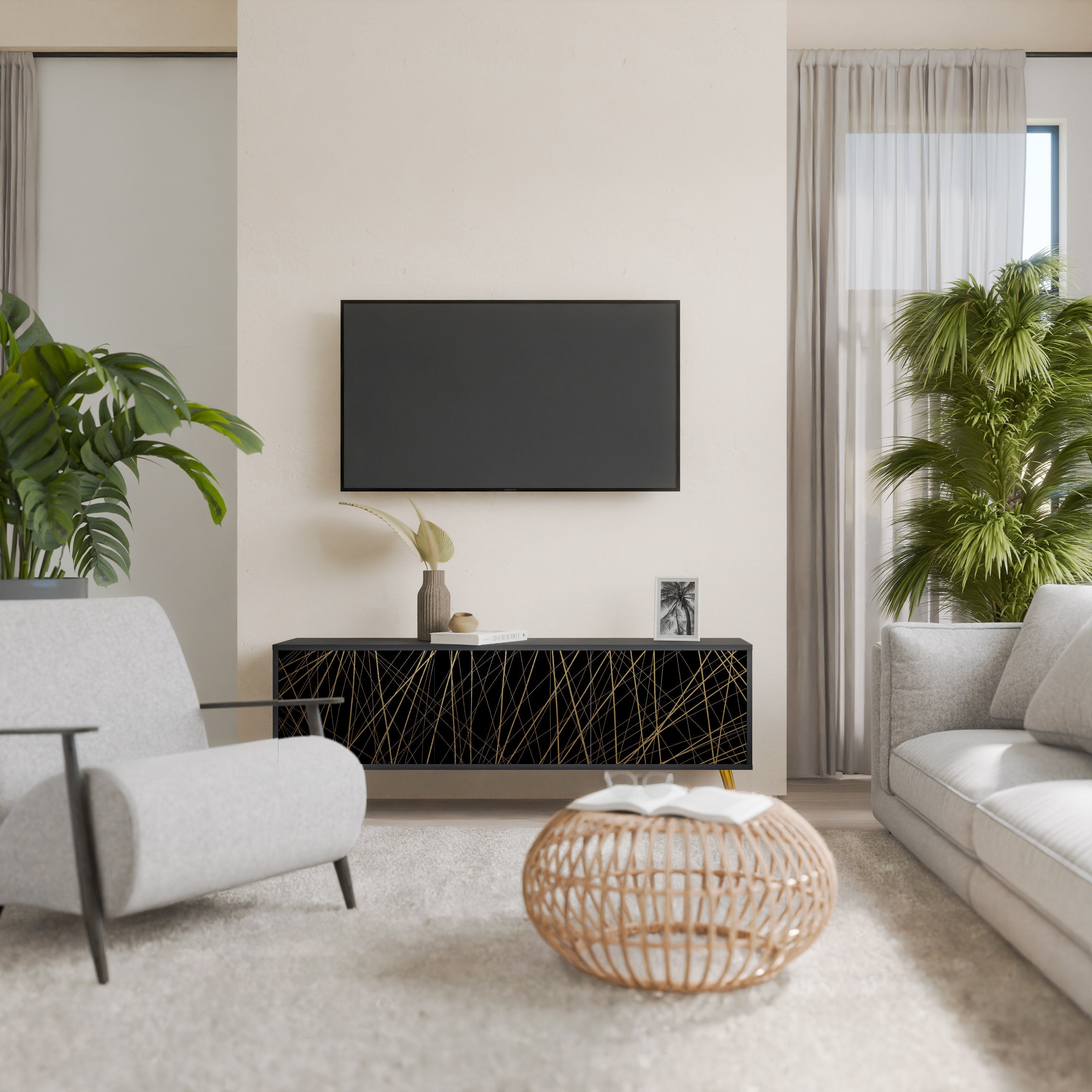 Βάση τηλεόρασης BRIGHT MESH με 3 πόρτες σε μαύρο φινίρισμα