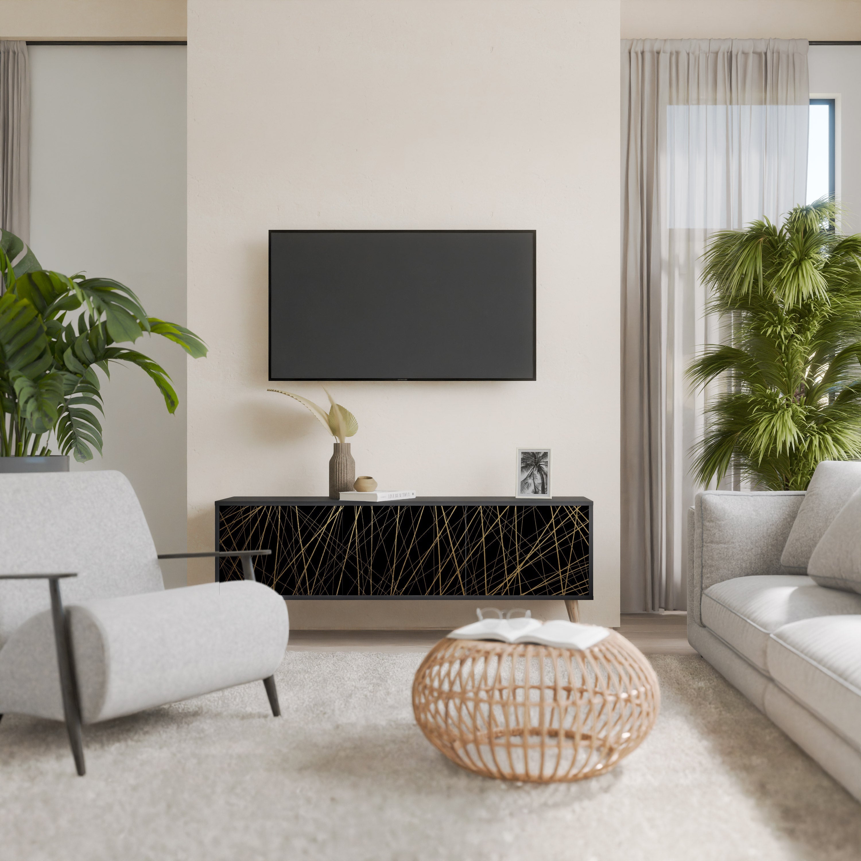 Βάση τηλεόρασης BRIGHT MESH με 3 πόρτες σε μαύρο φινίρισμα