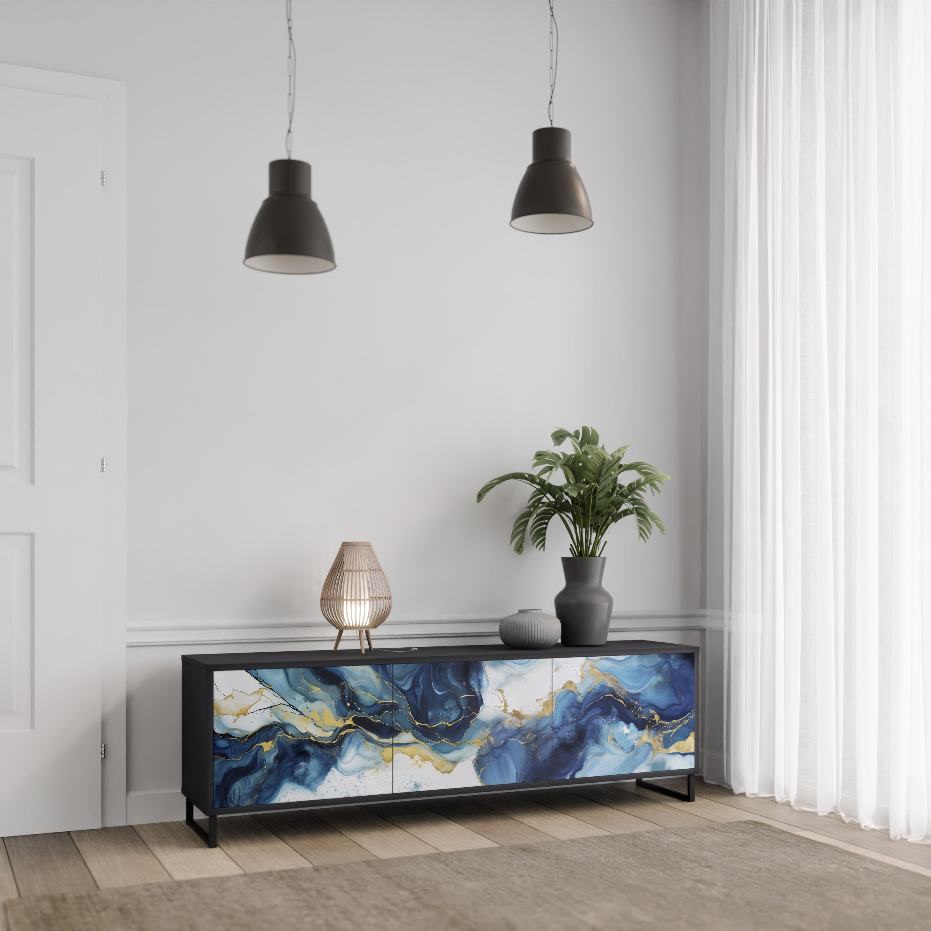Βάση τηλεόρασης INKY MARBLE 3 πορτών σε μαύρο φινίρισμα