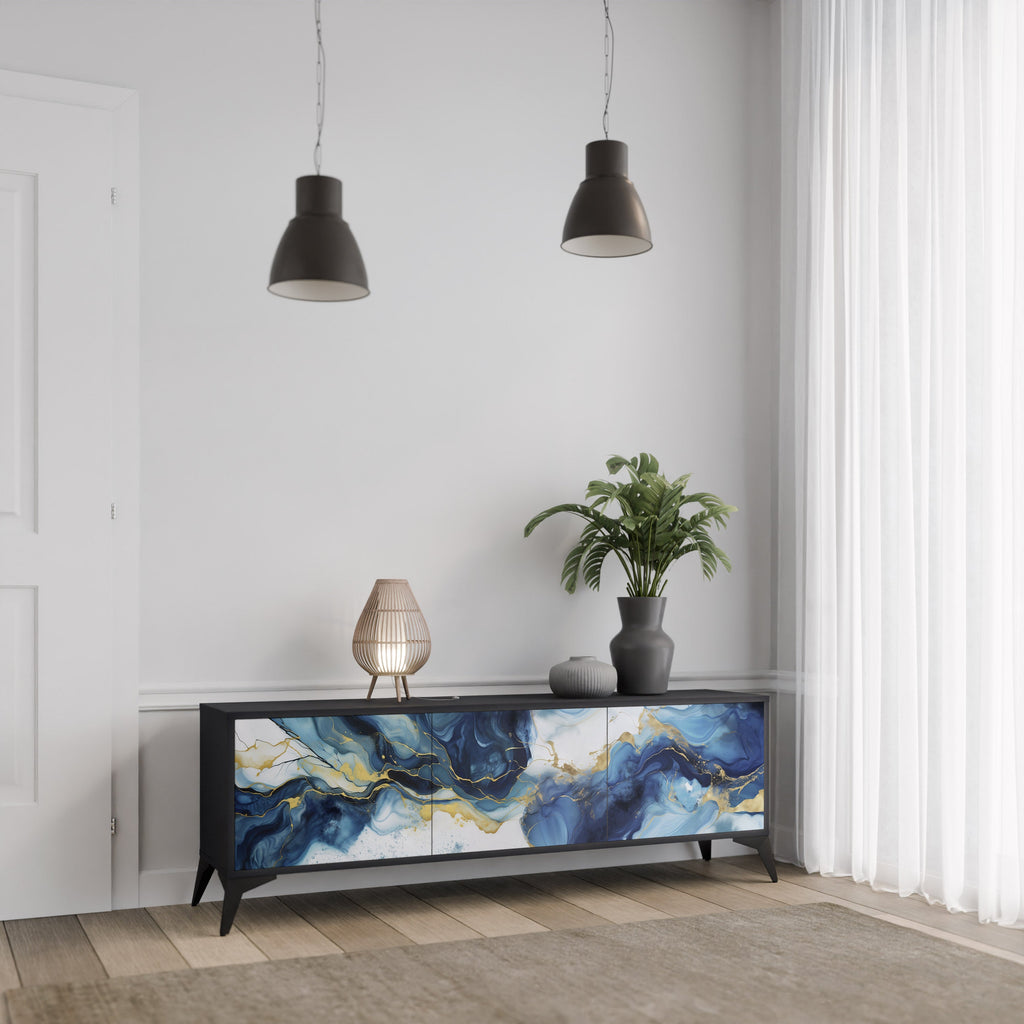 Βάση τηλεόρασης INKY MARBLE 3 πορτών σε μαύρο φινίρισμα