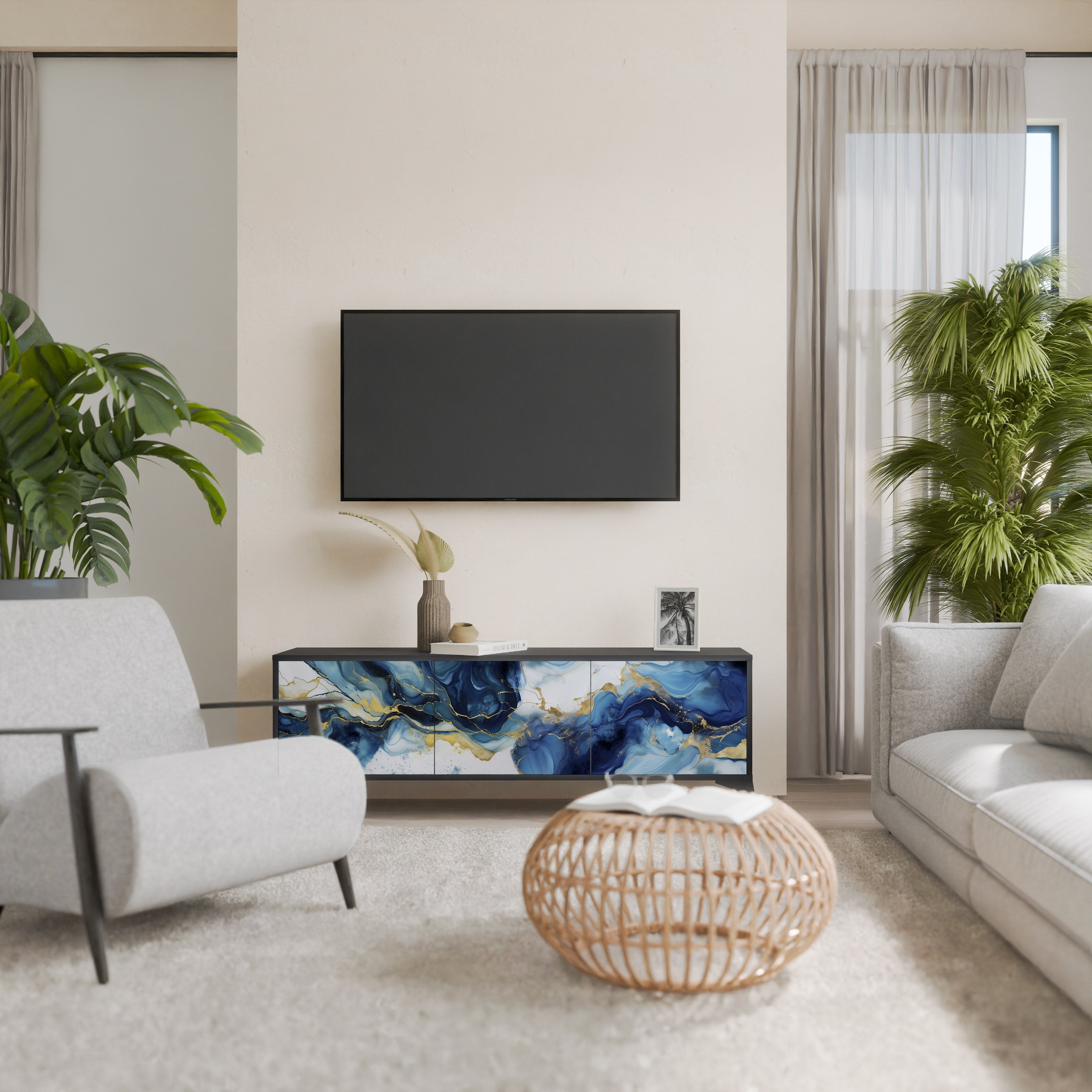 Βάση τηλεόρασης INKY MARBLE 3 πορτών σε μαύρο φινίρισμα