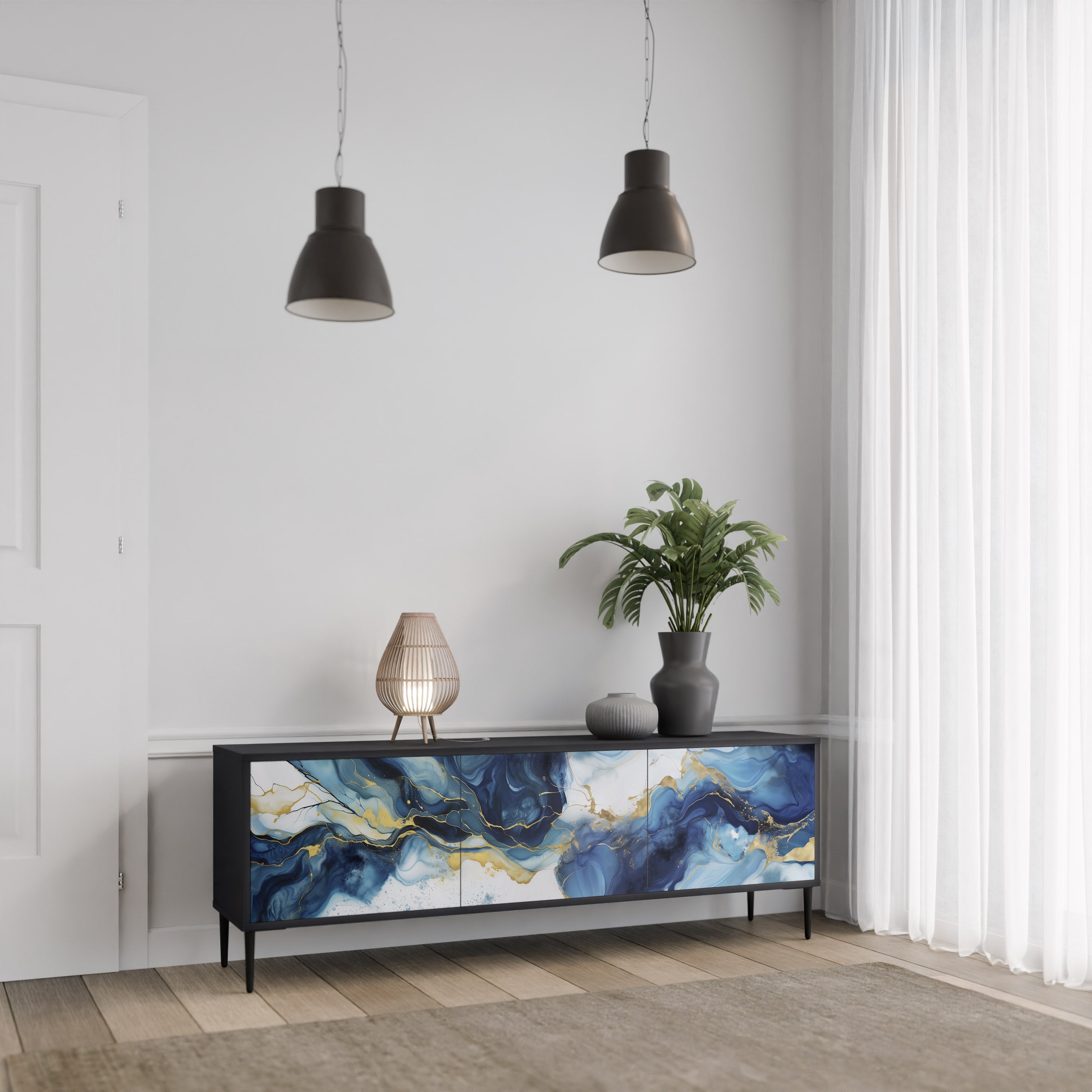 Βάση τηλεόρασης INKY MARBLE 3 πορτών σε μαύρο φινίρισμα