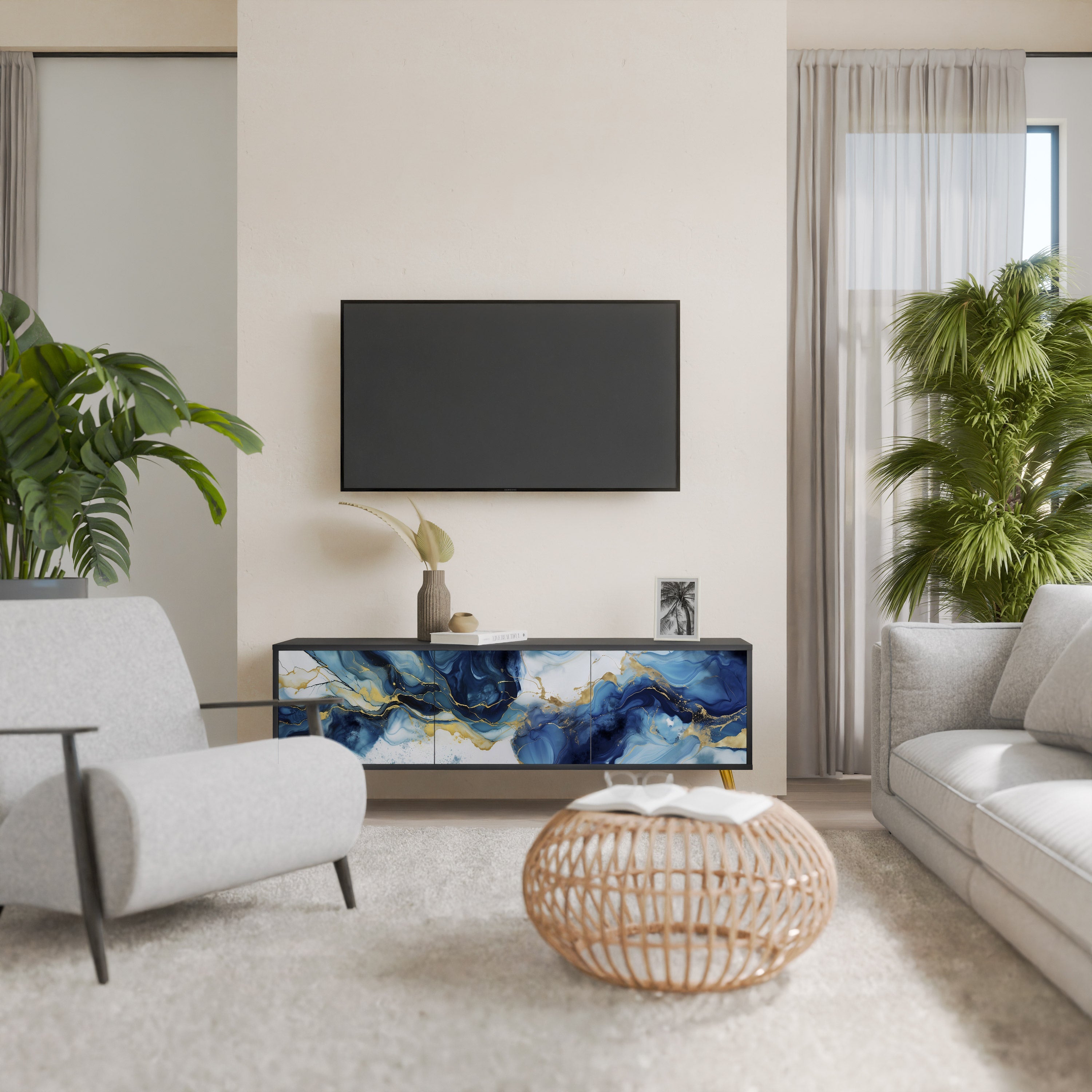 Βάση τηλεόρασης INKY MARBLE 3 πορτών σε μαύρο φινίρισμα