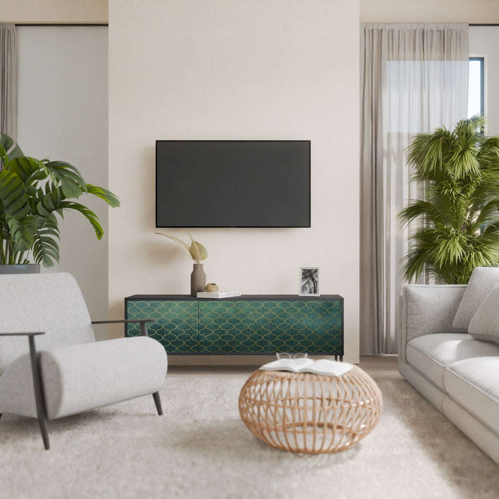 Βάση τηλεόρασης TESSELATED GREENERY με 3 πόρτες σε μαύρο φινίρισμα