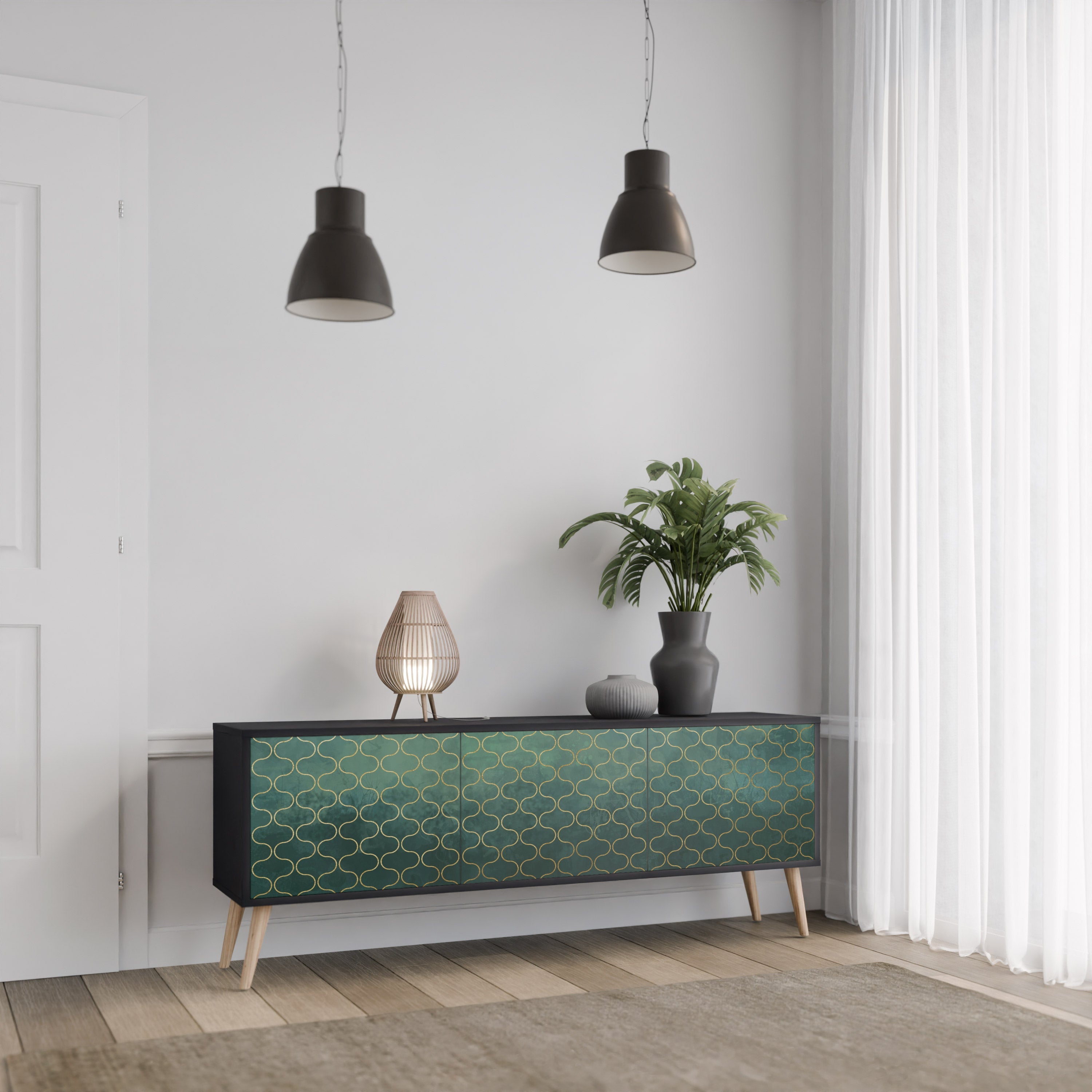 Βάση τηλεόρασης TESSELATED GREENERY με 3 πόρτες σε μαύρο φινίρισμα