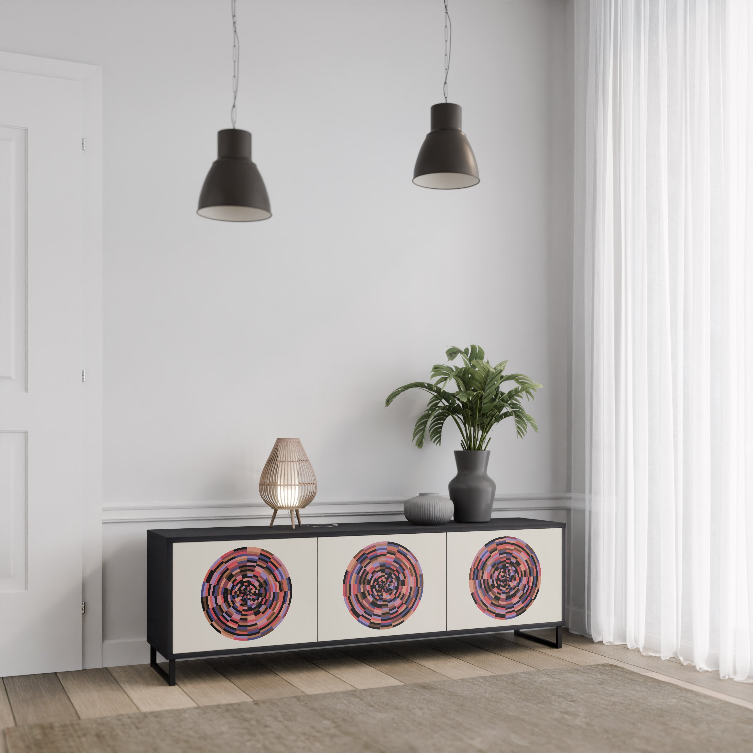 Βάση τηλεόρασης BROWN CIRCLES με 3 πόρτες σε μαύρο φινίρισμα