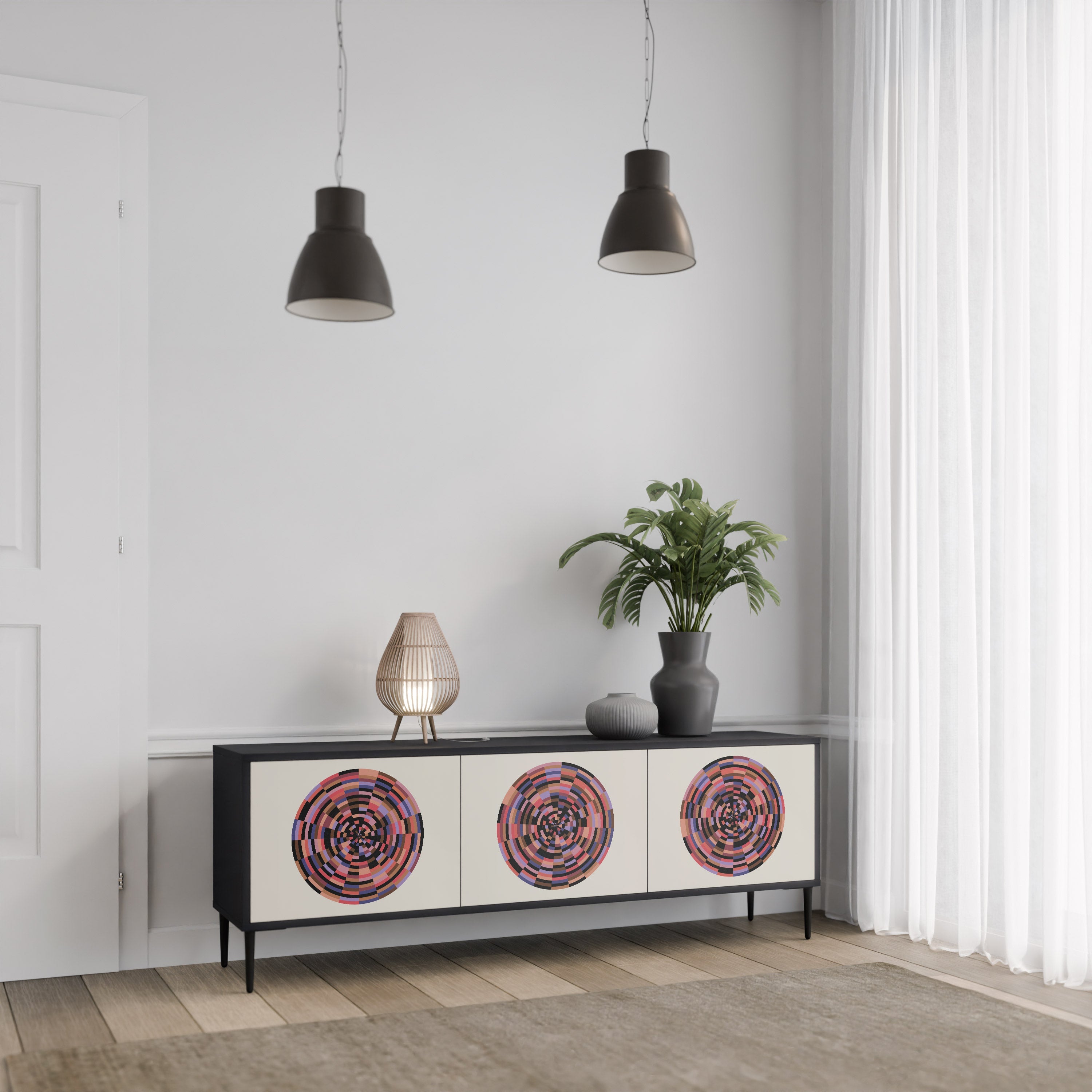 Βάση τηλεόρασης BROWN CIRCLES με 3 πόρτες σε μαύρο φινίρισμα
