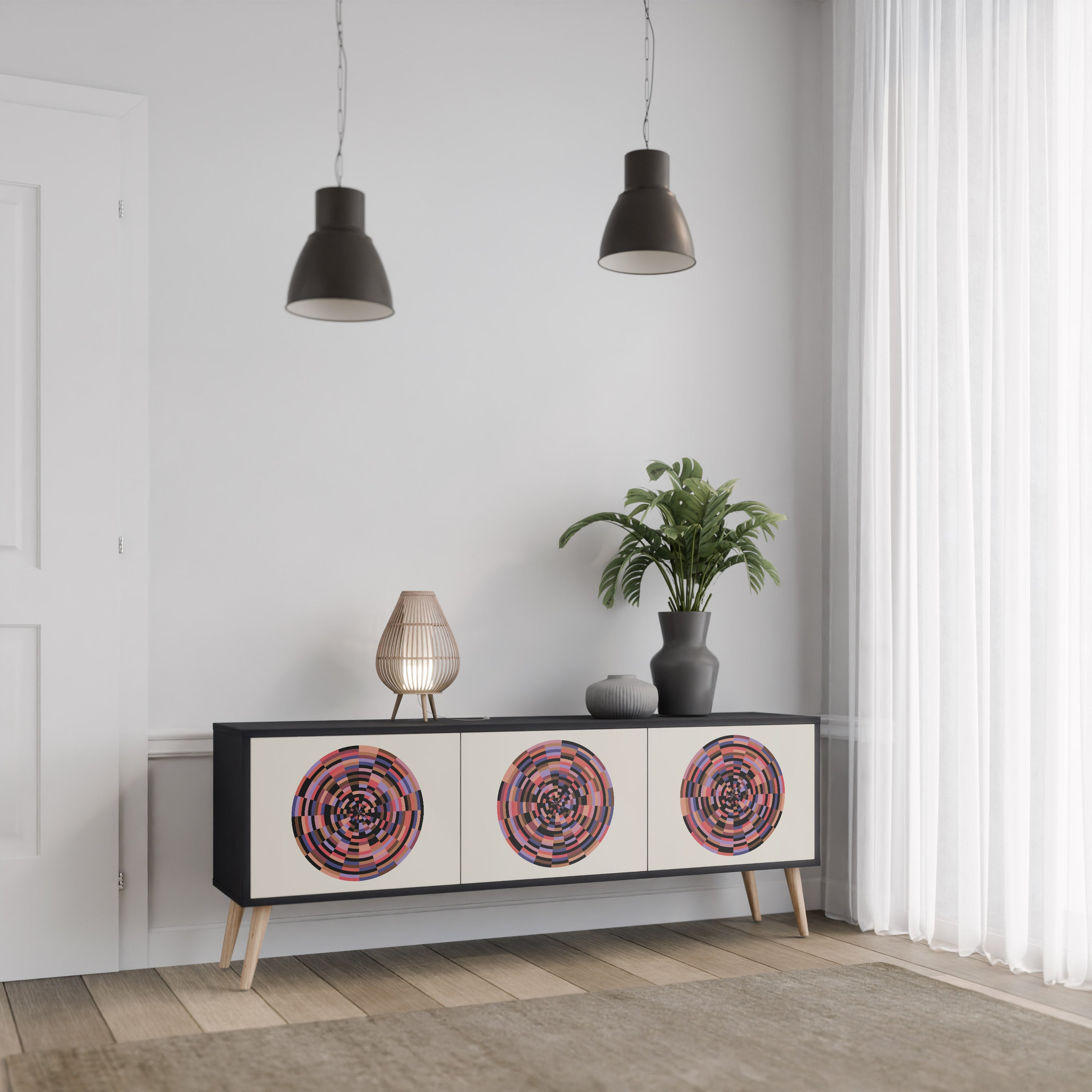 Βάση τηλεόρασης BROWN CIRCLES με 3 πόρτες σε μαύρο φινίρισμα