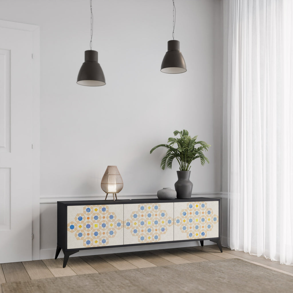 PATTERNED PRISM 3-Door TV Stand in Black Finish