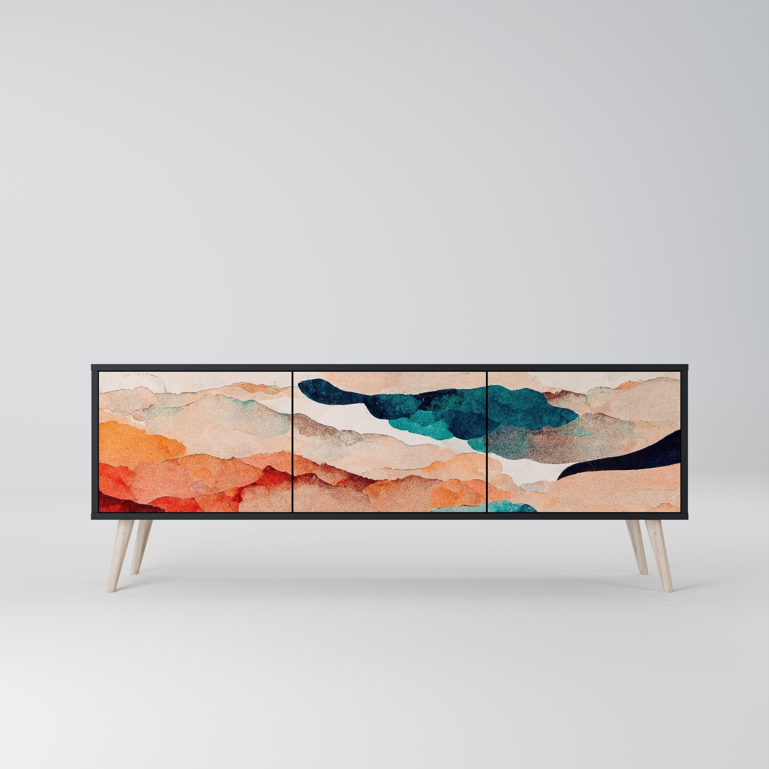 Βάση τηλεόρασης ABSTRACT LANDSCAPE με 3 πόρτες σε μαύρο φινίρισμα