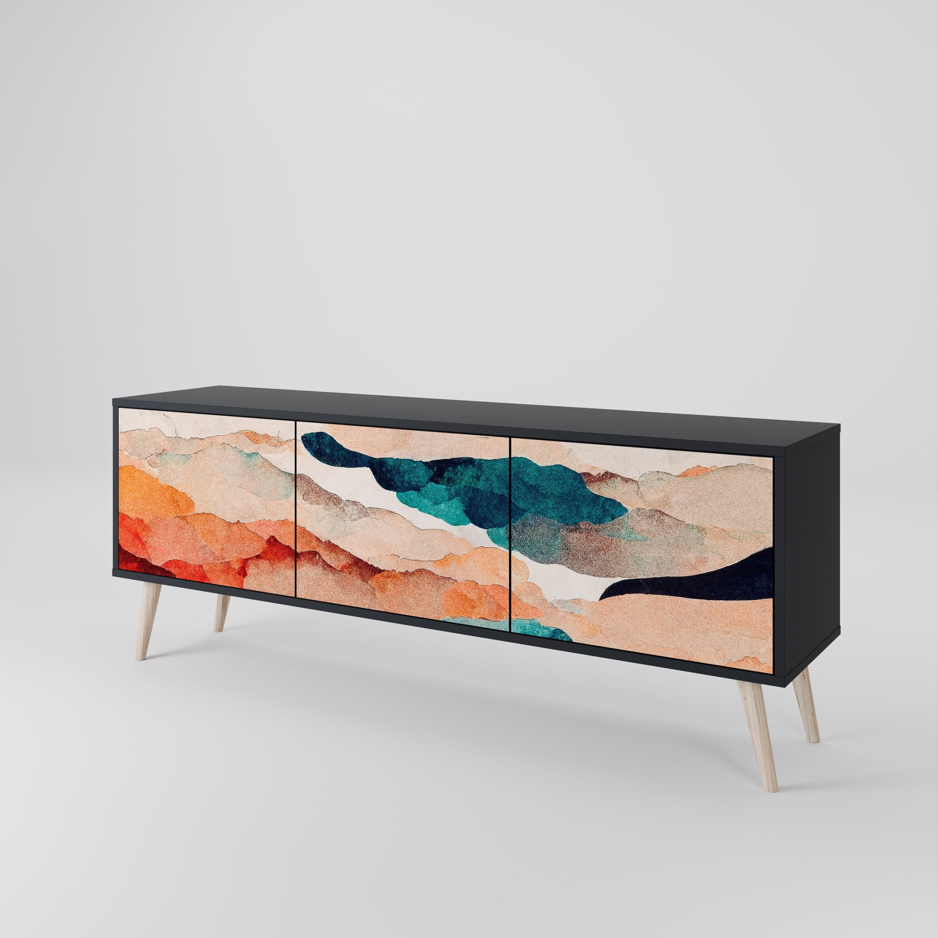 Βάση τηλεόρασης ABSTRACT LANDSCAPE με 3 πόρτες σε μαύρο φινίρισμα